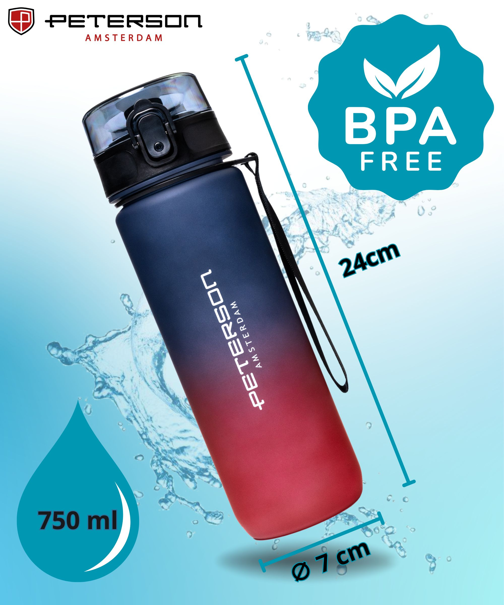 Niebiesko-czerwona butelka na wodę Peterson z nadrukiem BPA free, 750 ml.