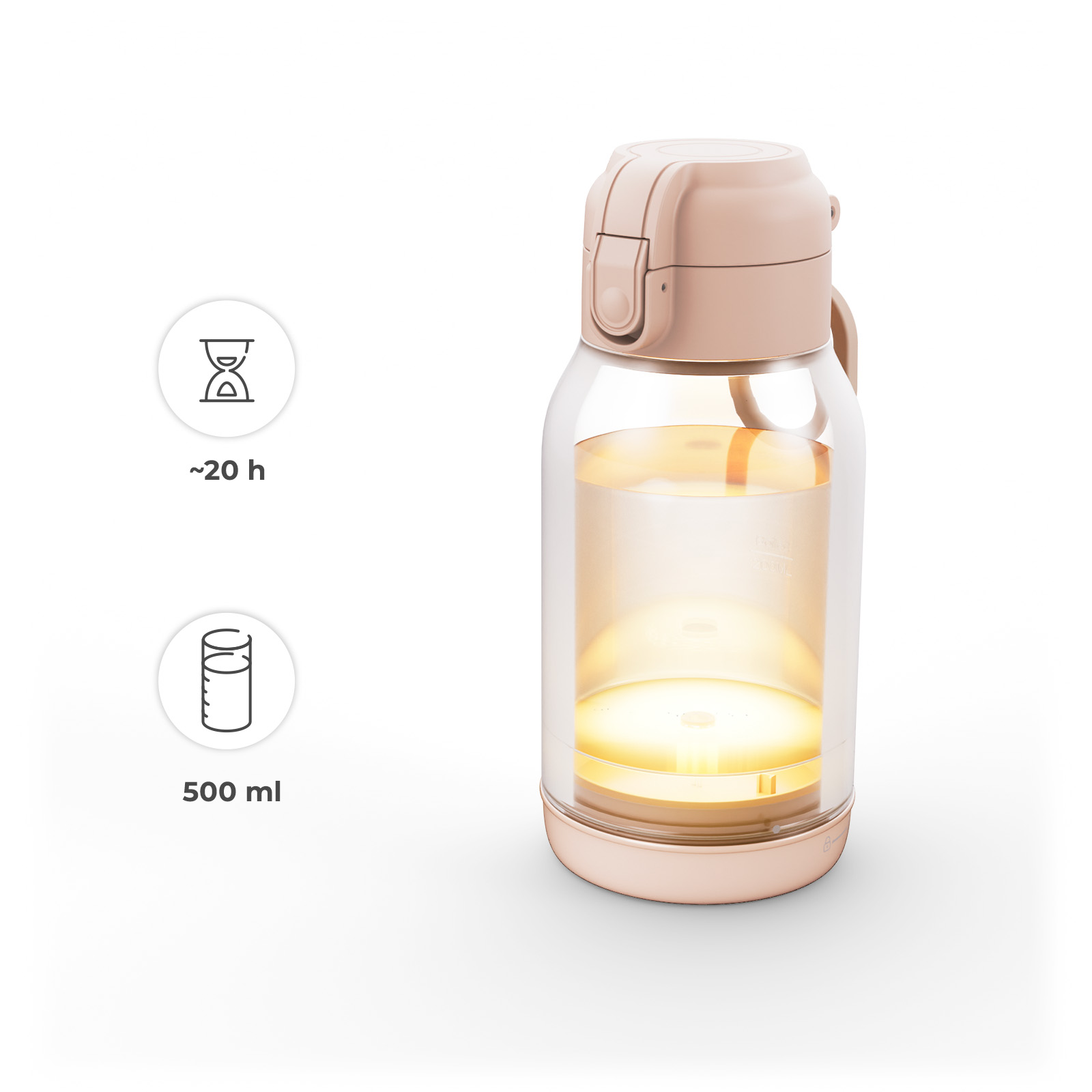 Eine klare Flasche mit pinkem Deckel enthält bernsteinfarbene Flüssigkeit. Icons zeigen ~20h und 500ml.