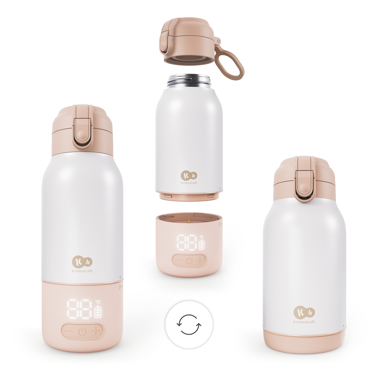 Ein weißer und rosafarbener Thermobecher mit digitaler Temperaturanzeige.