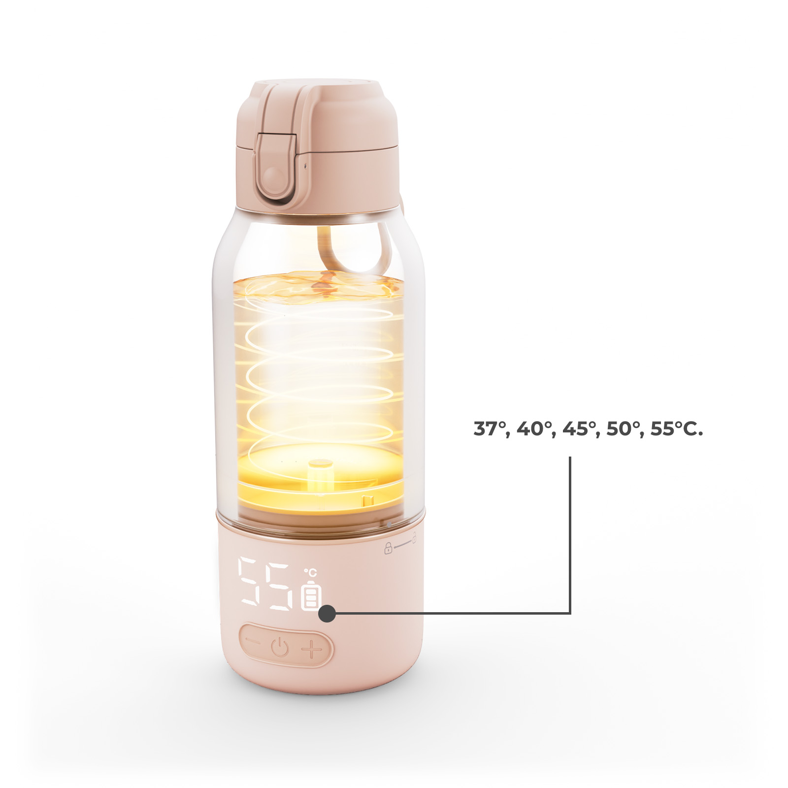 Ein rosafarbener Wasserkocher mit digitaler Anzeige von 55°C und verschiedenen Temperaturoptionen.