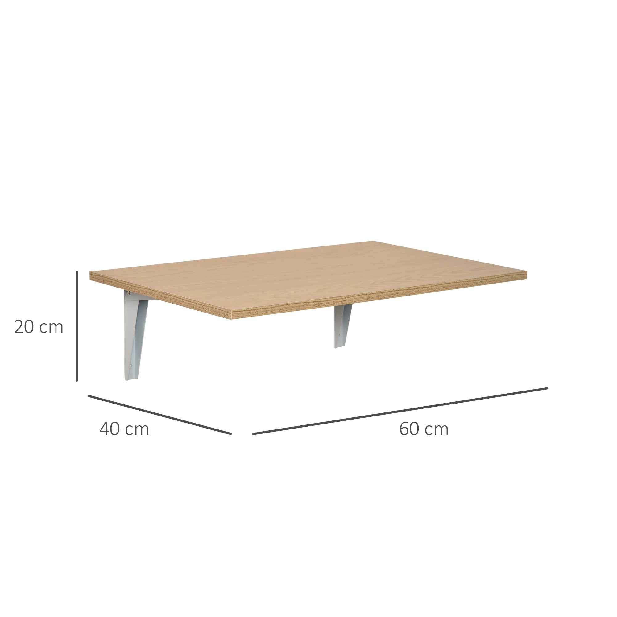 Una mesa de pared con tablero de madera clara y soportes blancos. Dimensiones: 60x40x20 cm.