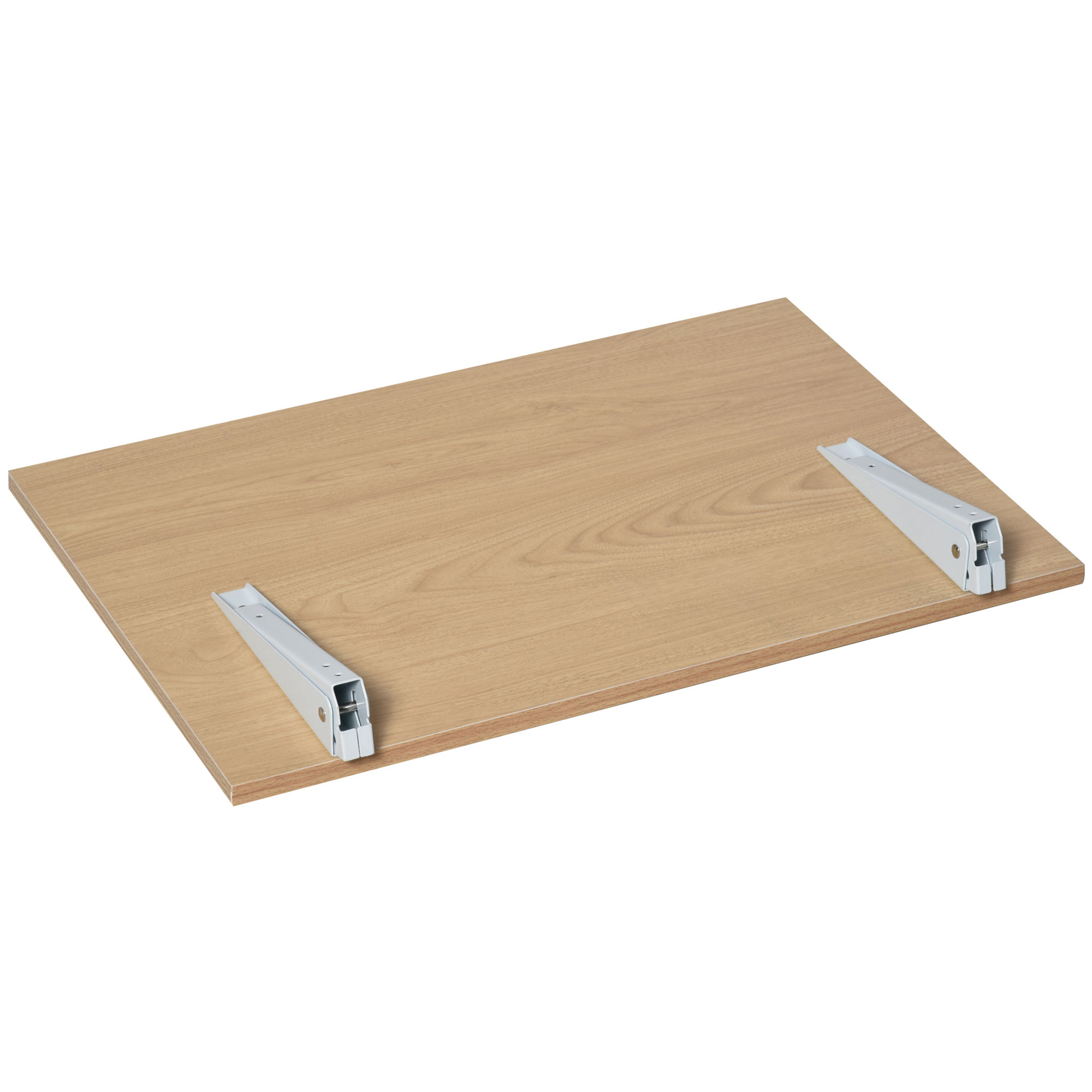 Una tabla de madera con dos soportes blancos atornillados a cada lado.