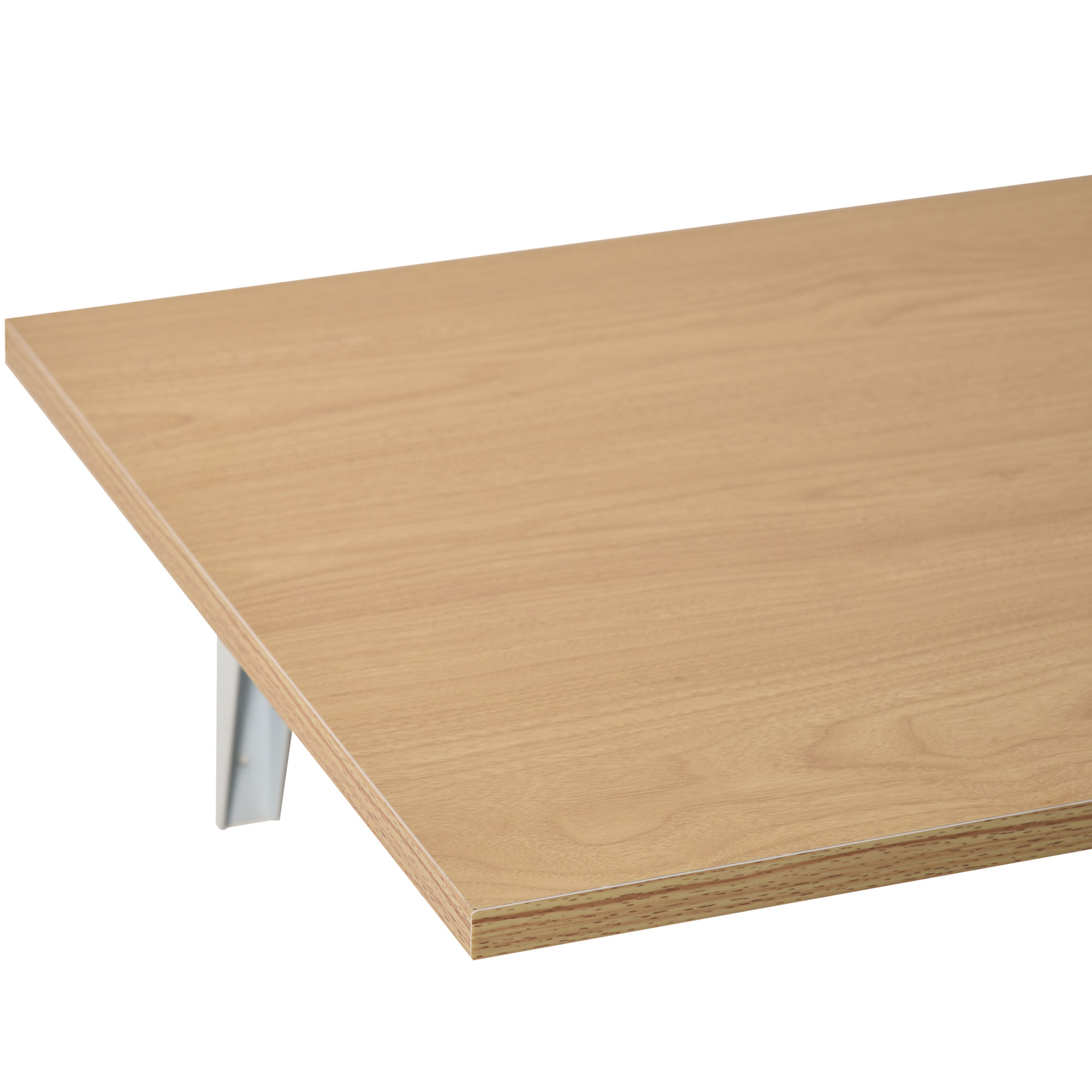 Una mesa de madera con soporte metálico sobre fondo blanco.