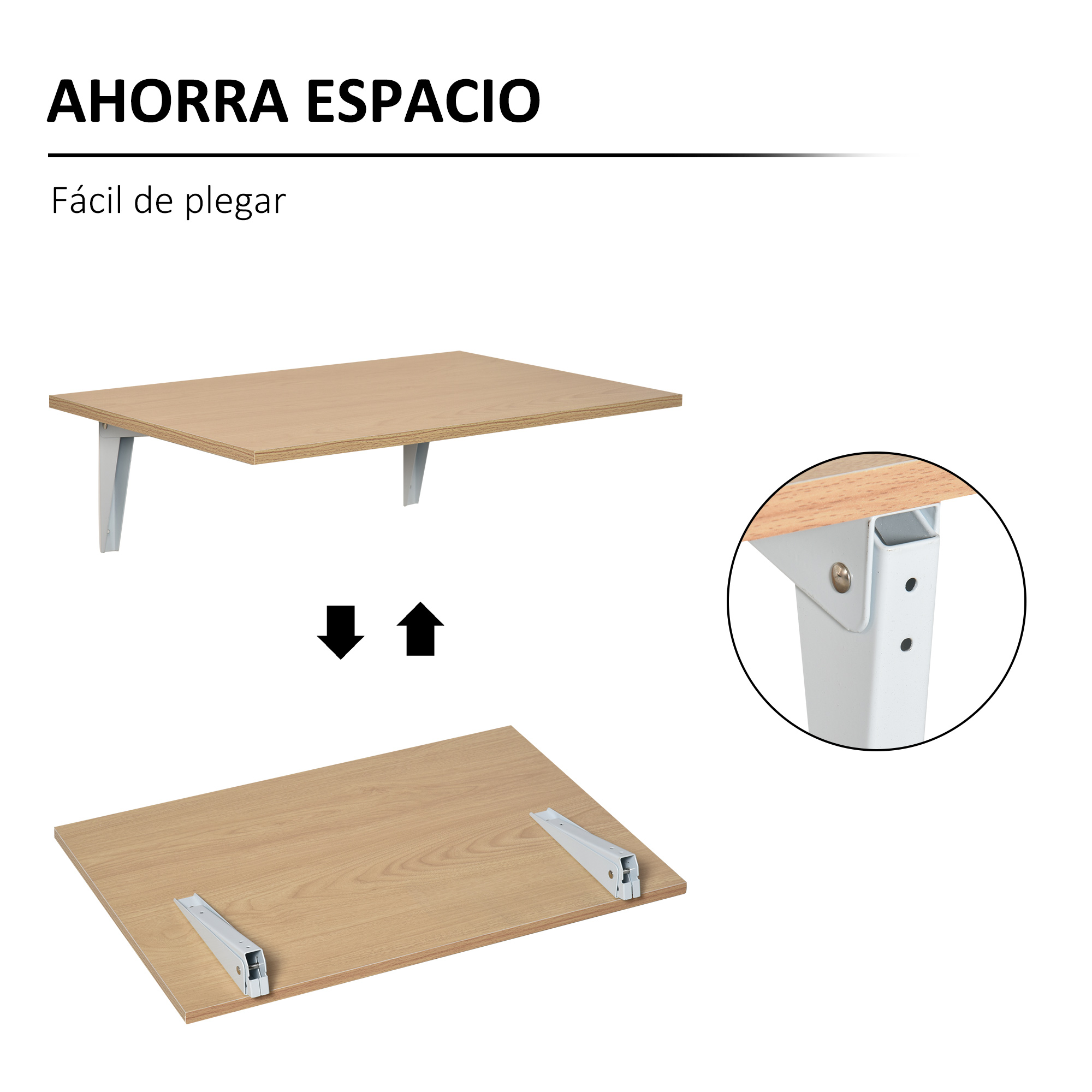 Tabla de madera con soportes metálicos, mostrada plegándose.