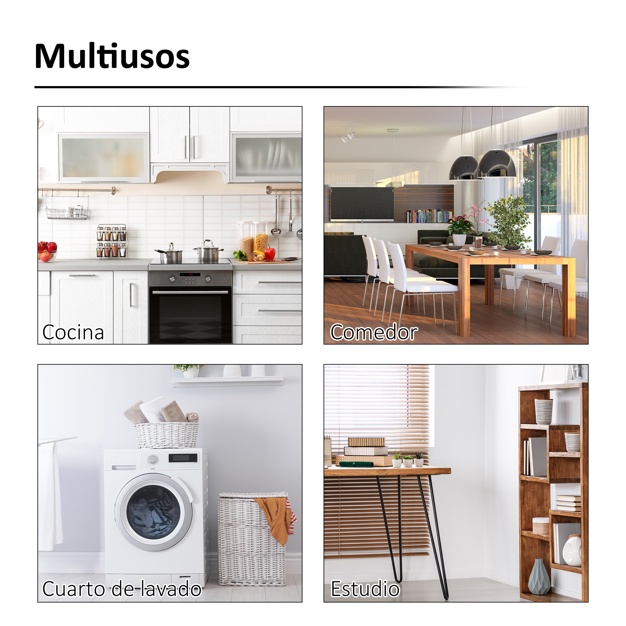 Cuatro habitaciones: cocina, comedor, lavadero, estudio.