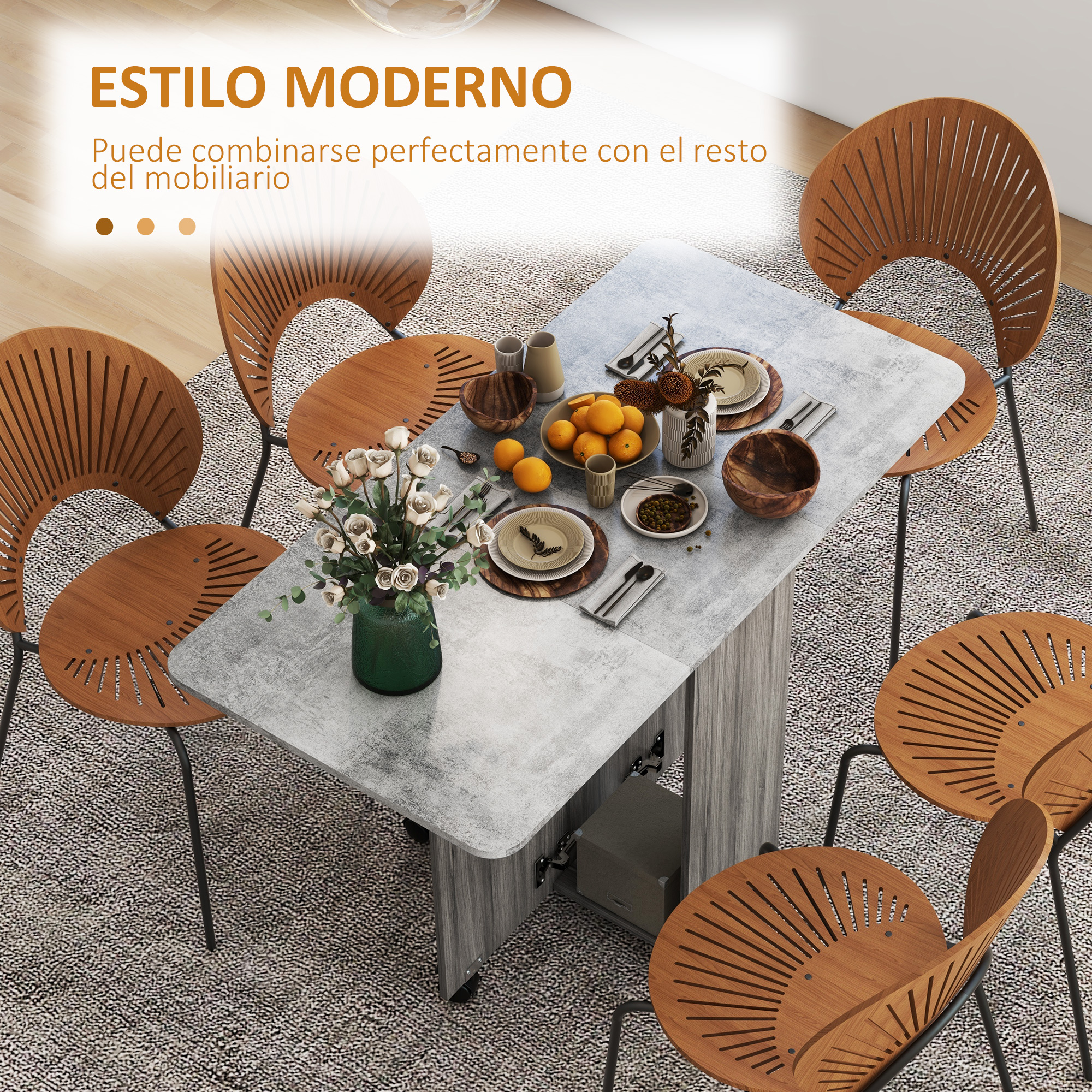 Moderno juego de comedor con mesa gris, sillas de madera, frutero y jarrón de rosas.