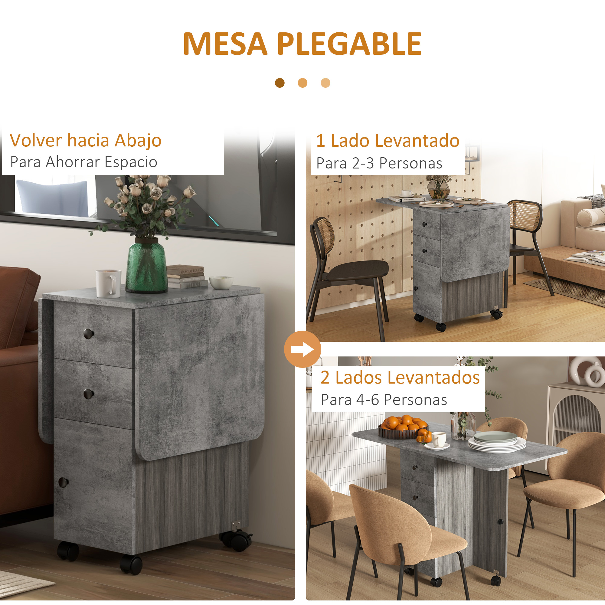 Una mesa plegable gris con cajones y ruedas, mostrada en varias configuraciones.