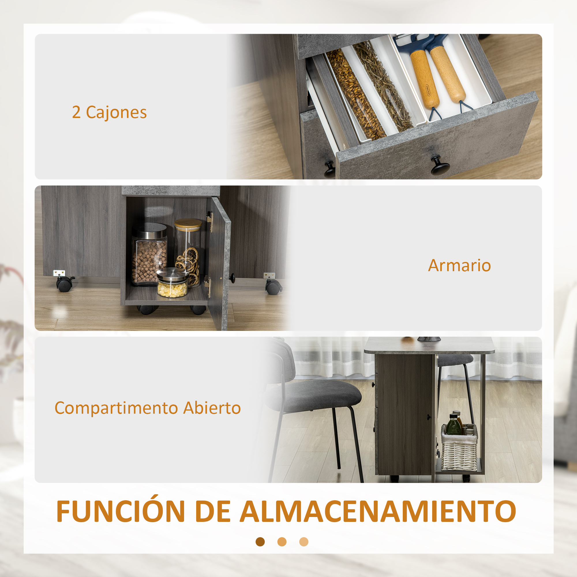 Mueble gris con cajones, armario y compartimento abierto.