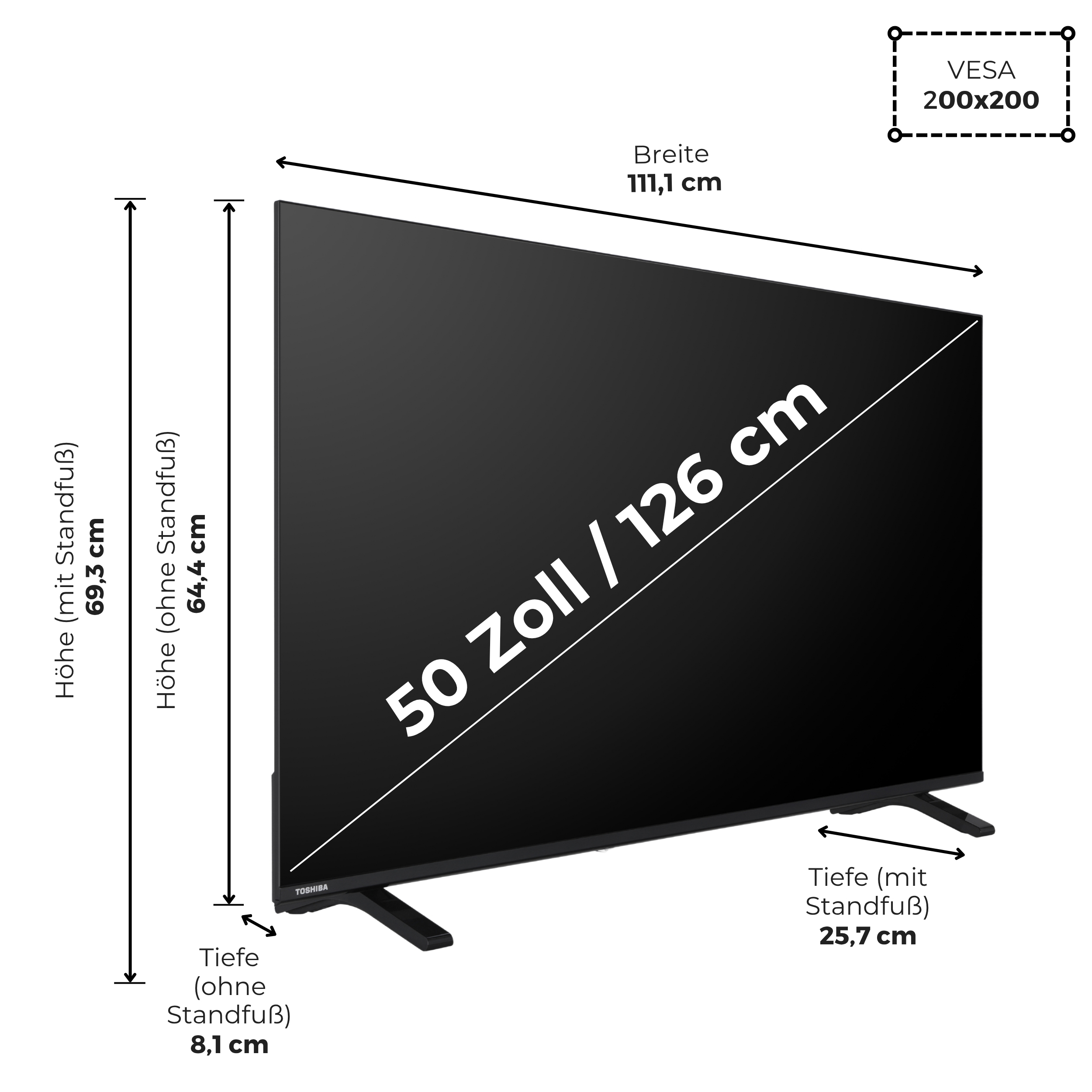 Schwarzer 50-Zoll-Fernseher mit Standfuß. Maße: Breite 111,1 cm, Höhe 69,3 cm, Tiefe 25,7 cm.