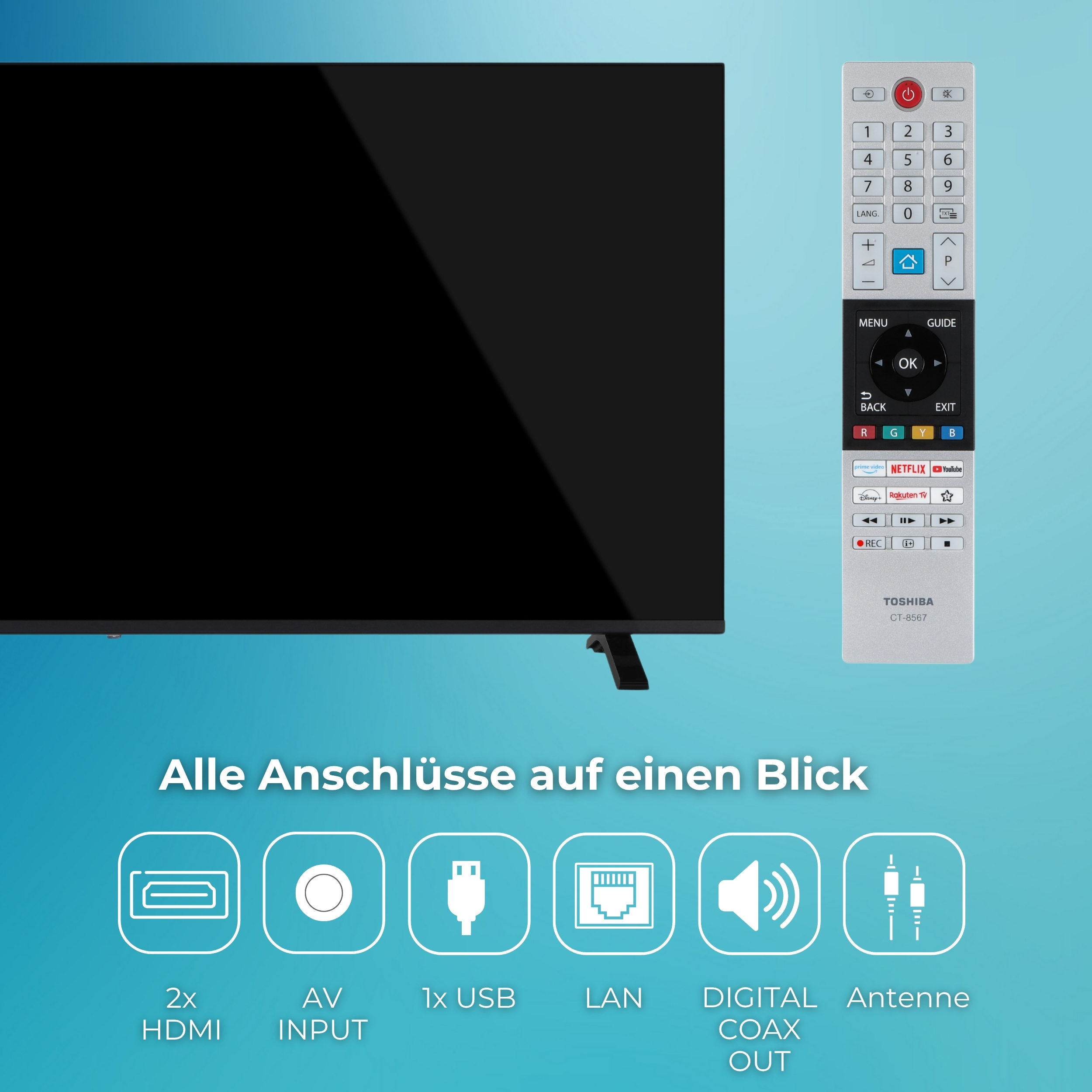 Toshiba Fernseher mit Fernbedienung und Anschlusssymbolen: HDMI, AV, USB, LAN, Koax, Antenne.
