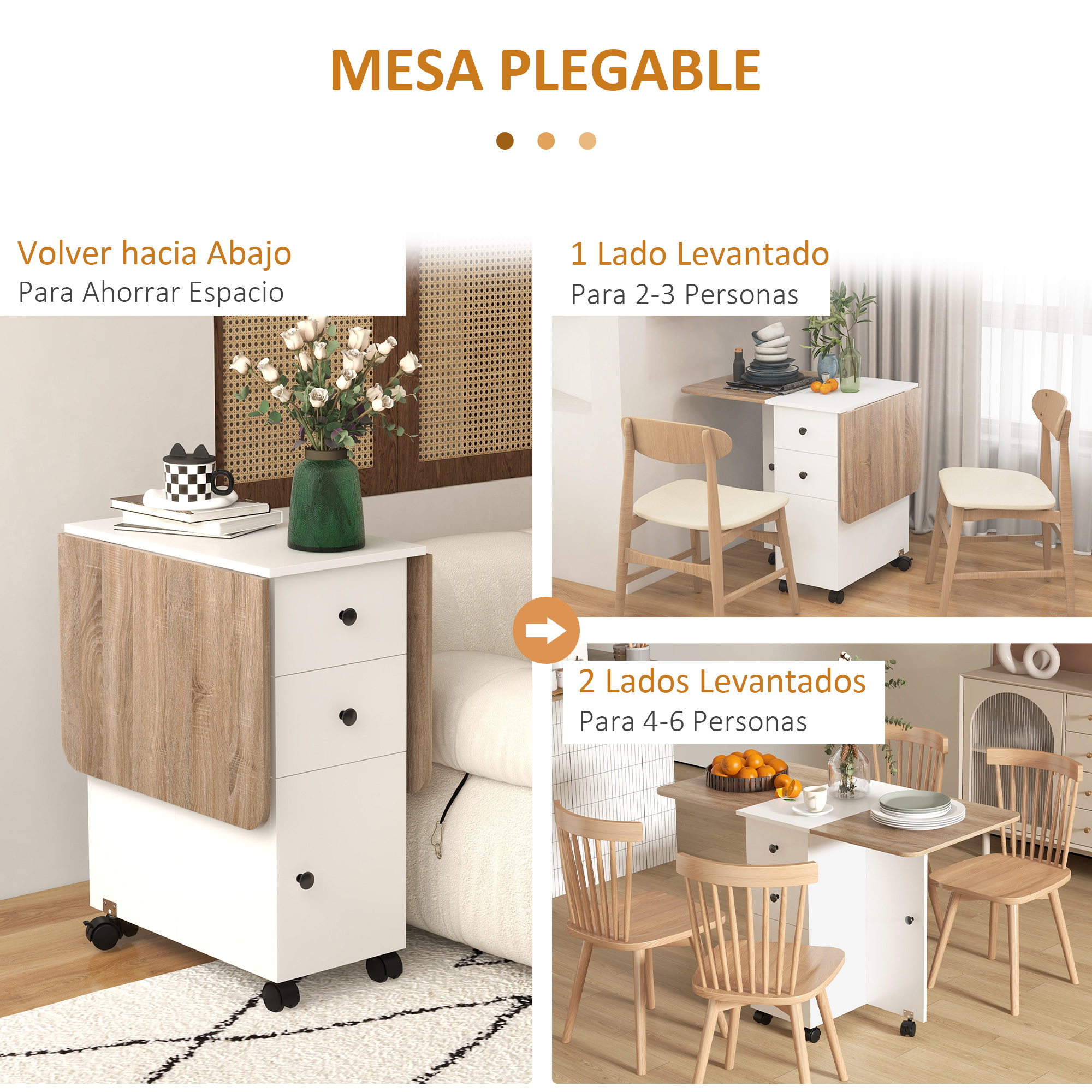 Una mesa plegable en diferentes configuraciones: plegada, un lado levantado, ambos lados levantados.