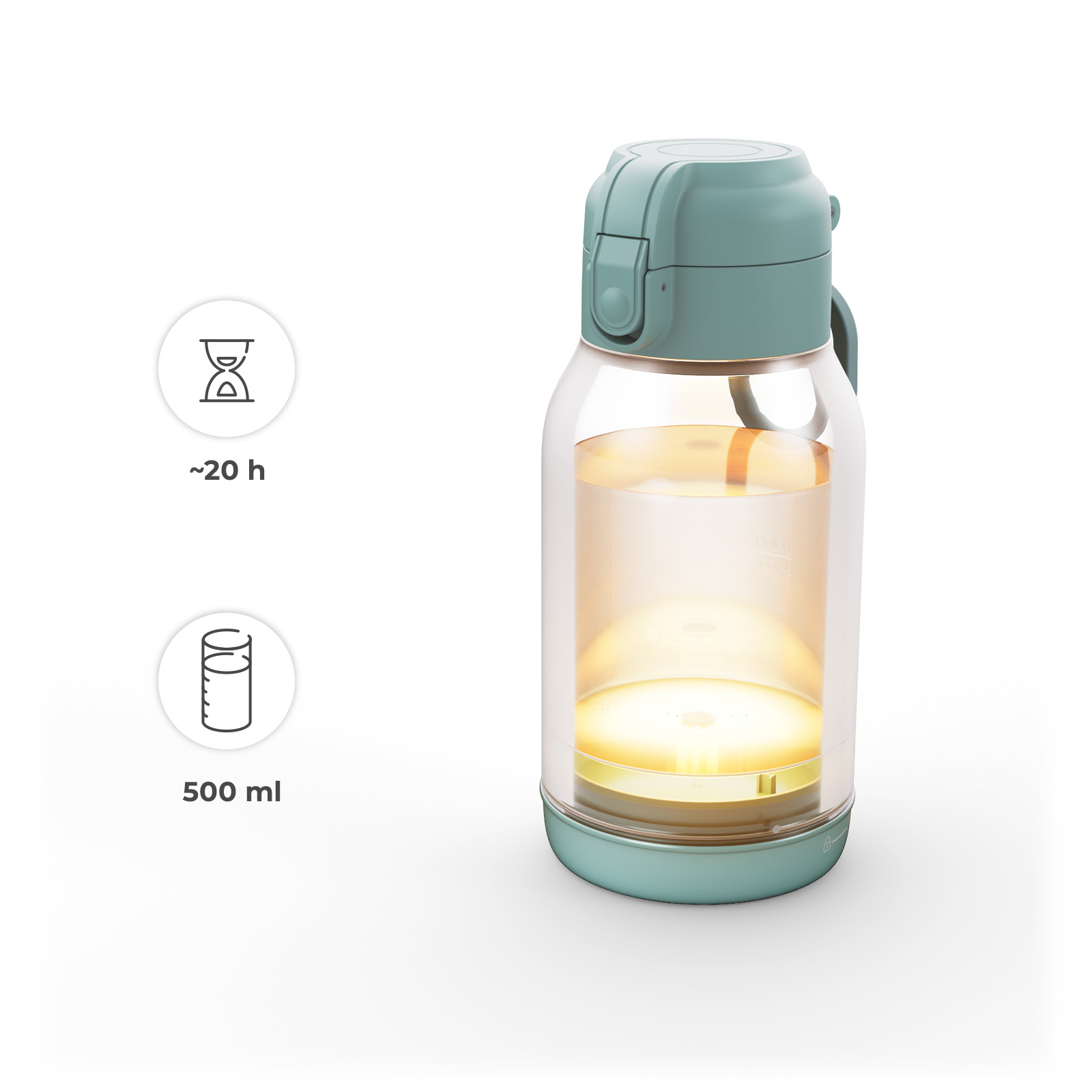Eine türkise Wasserflasche mit 500 ml Fassungsvermögen und einer Haltedauer von ca. 20 Stunden.