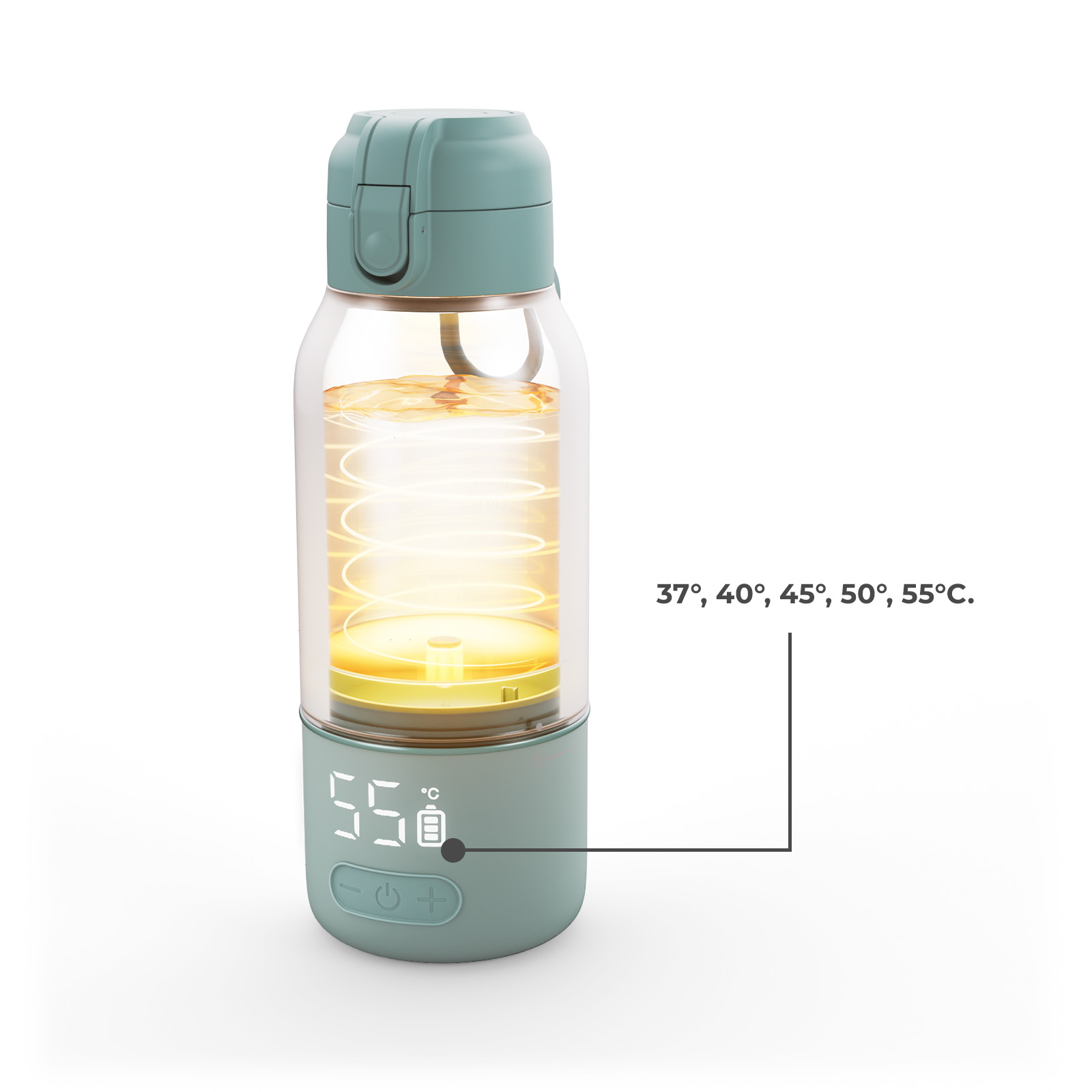 Eine grüne Wasserflasche mit digitaler Temperaturanzeige (55°C) und Heizspirale.