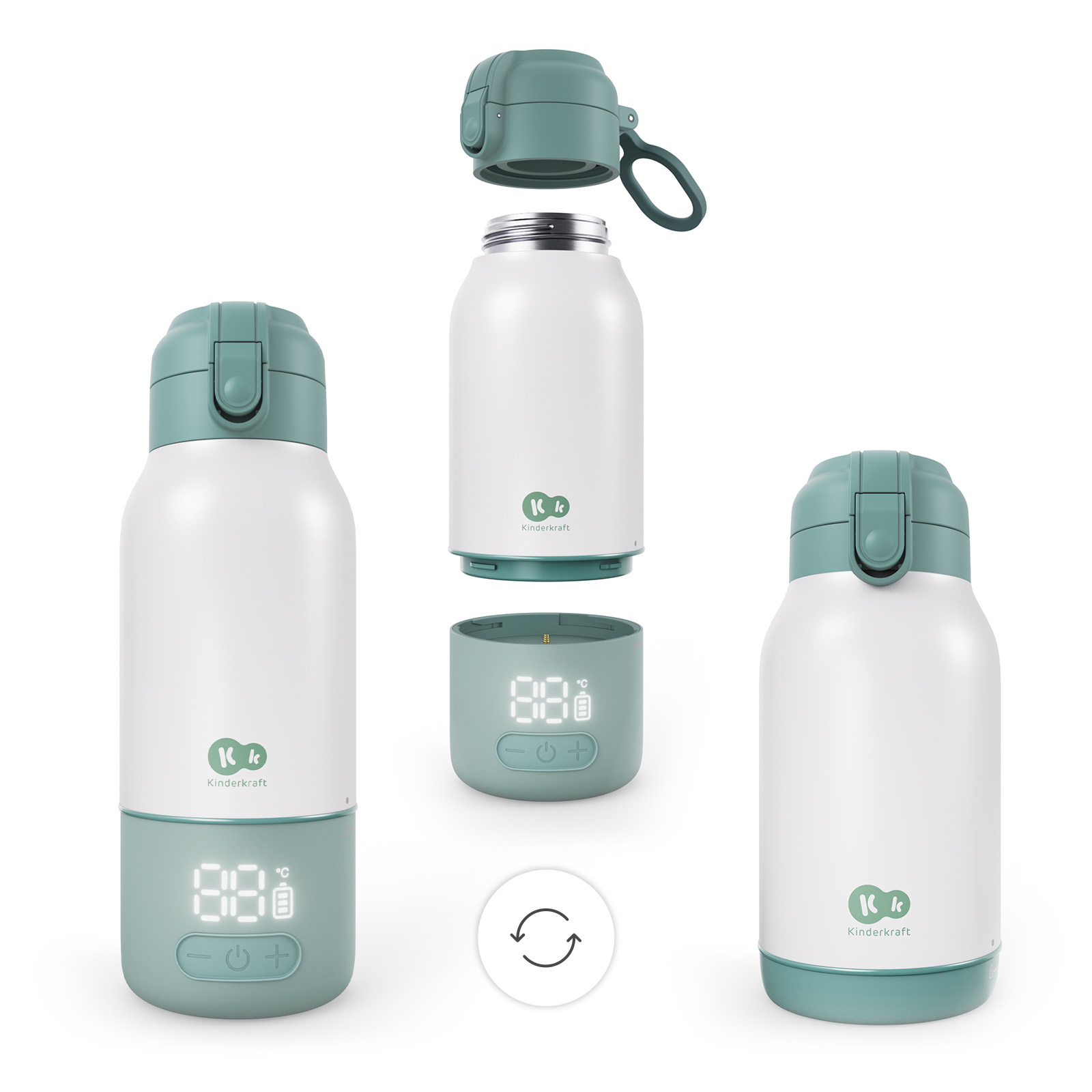 Weiße Kinderkraft-Flasche mit grünen Akzenten, Digitalanzeige und abnehmbarem Sockel.