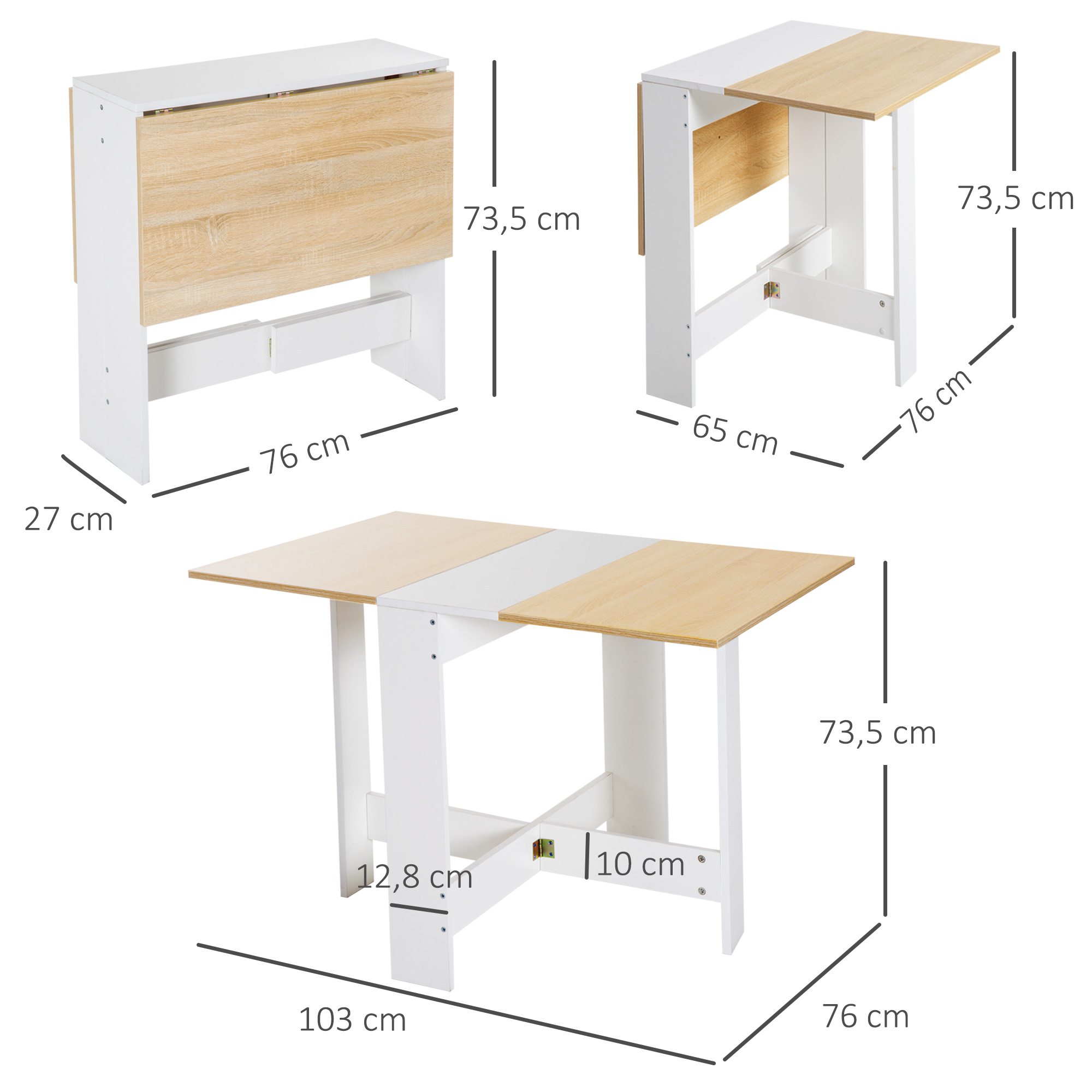 Mesa plegable con estructura blanca y tablero efecto madera, se muestran las dimensiones.