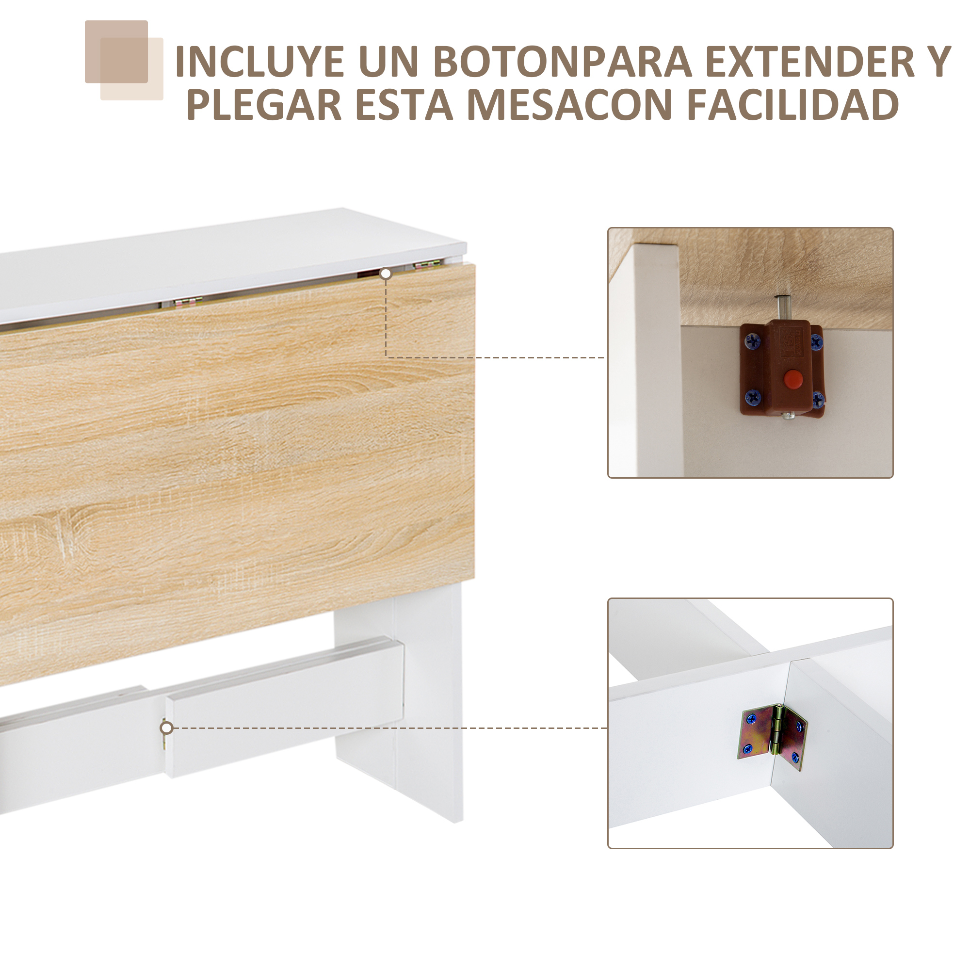 Primer plano de mesa extensible blanca con vetas de madera y mecanismo de cierre marrón.