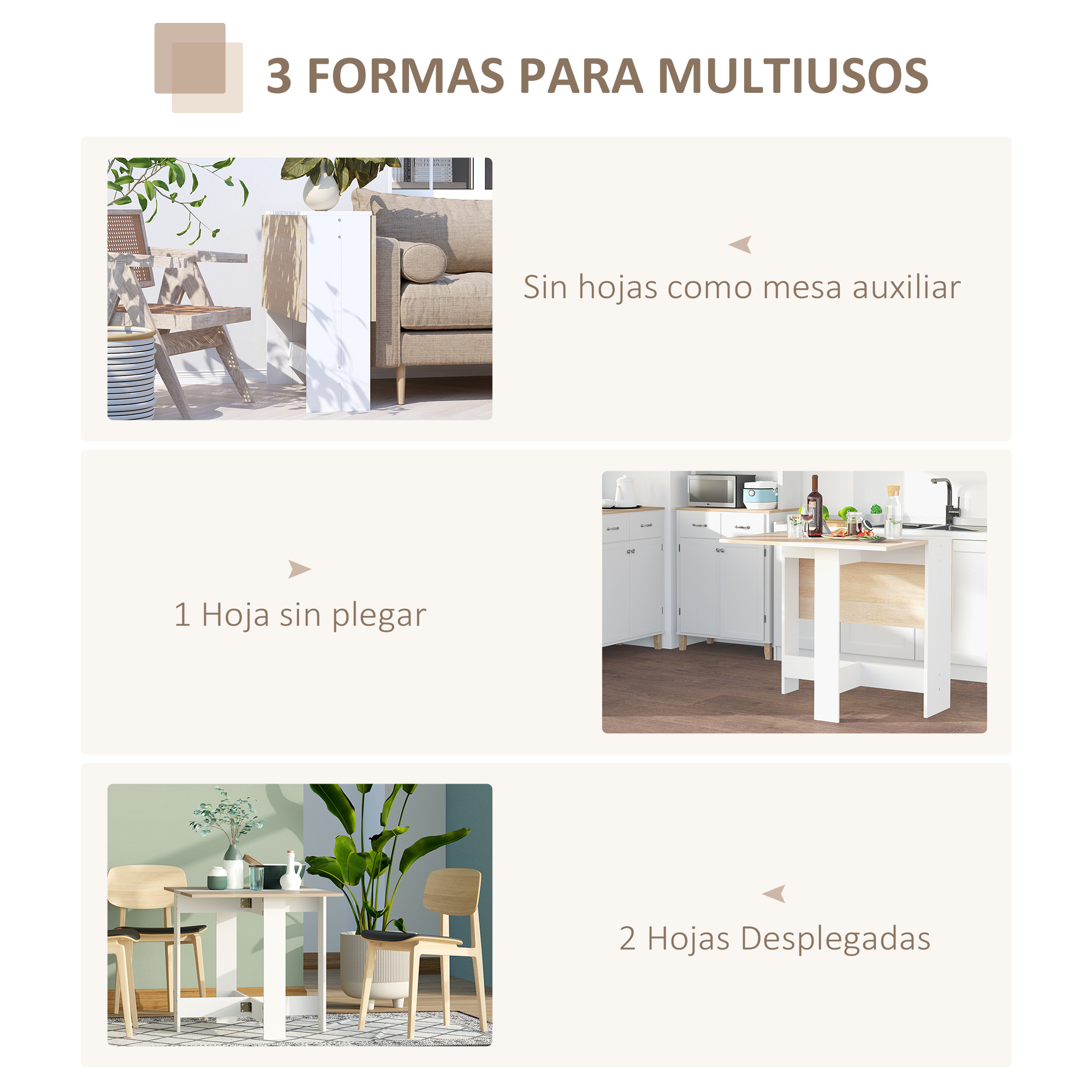 Una imagen muestra un sofá con mesa auxiliar, otra una cocina con mesa abatible.