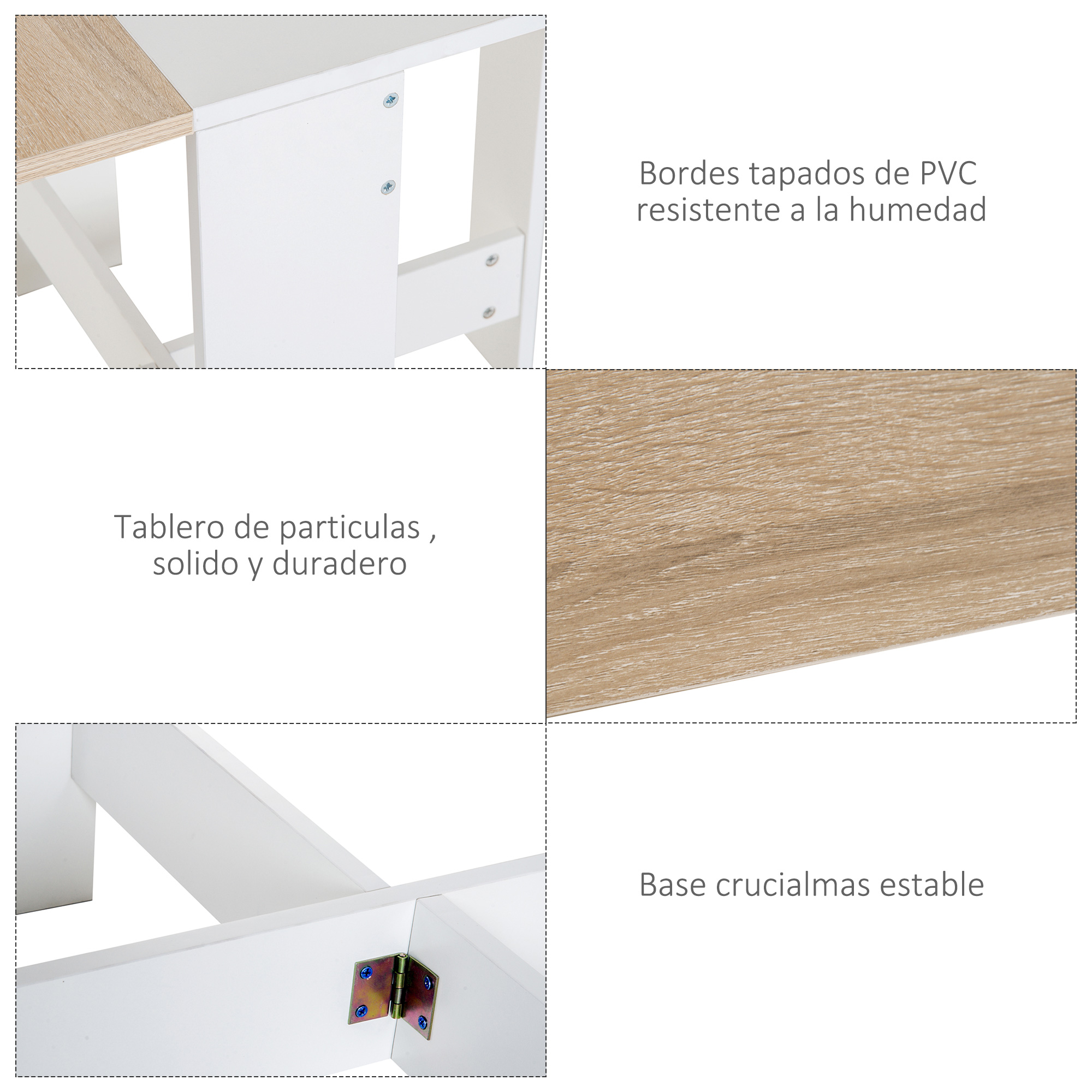 Primer plano de veta de madera y estructura de mueble blanco con texto.