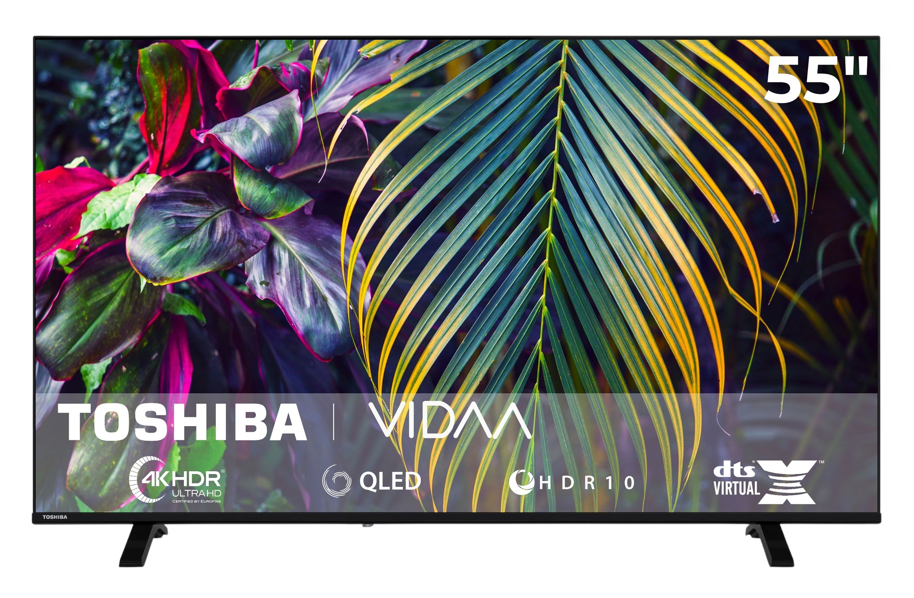 Ein 55-Zoll-Toshiba-QLED-Fernseher mit naturinspiriertem Hintergrund.
