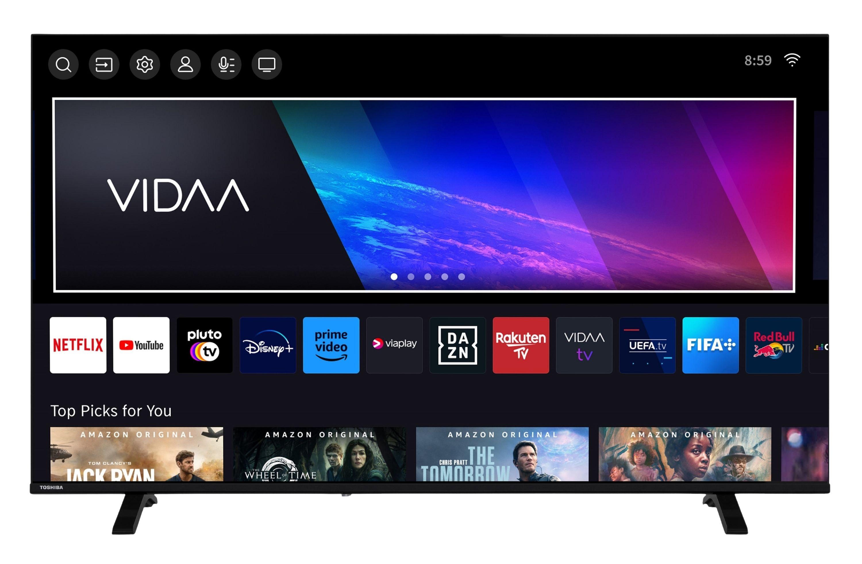 Toshiba Smart TV mit VIDAA-Oberfläche, Apps und Filmauswahl.