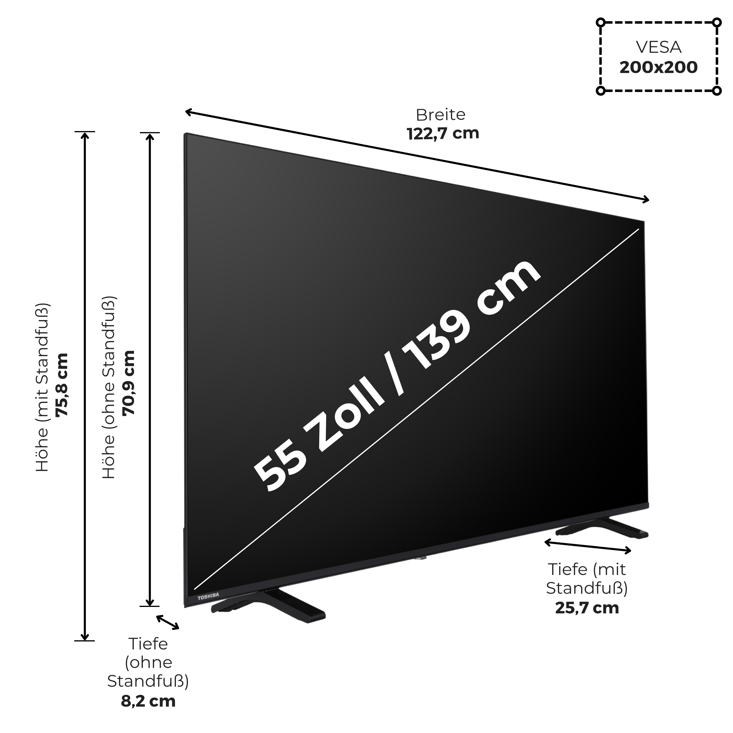 Ein 55-Zoll-Fernseher mit Maßen und VESA-Standard 200x200.