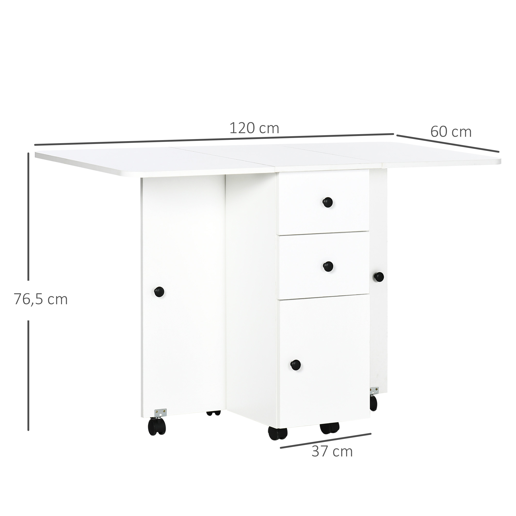 Mesa plegable blanca con cajones y puertas con ruedas. Dimensiones mostradas.