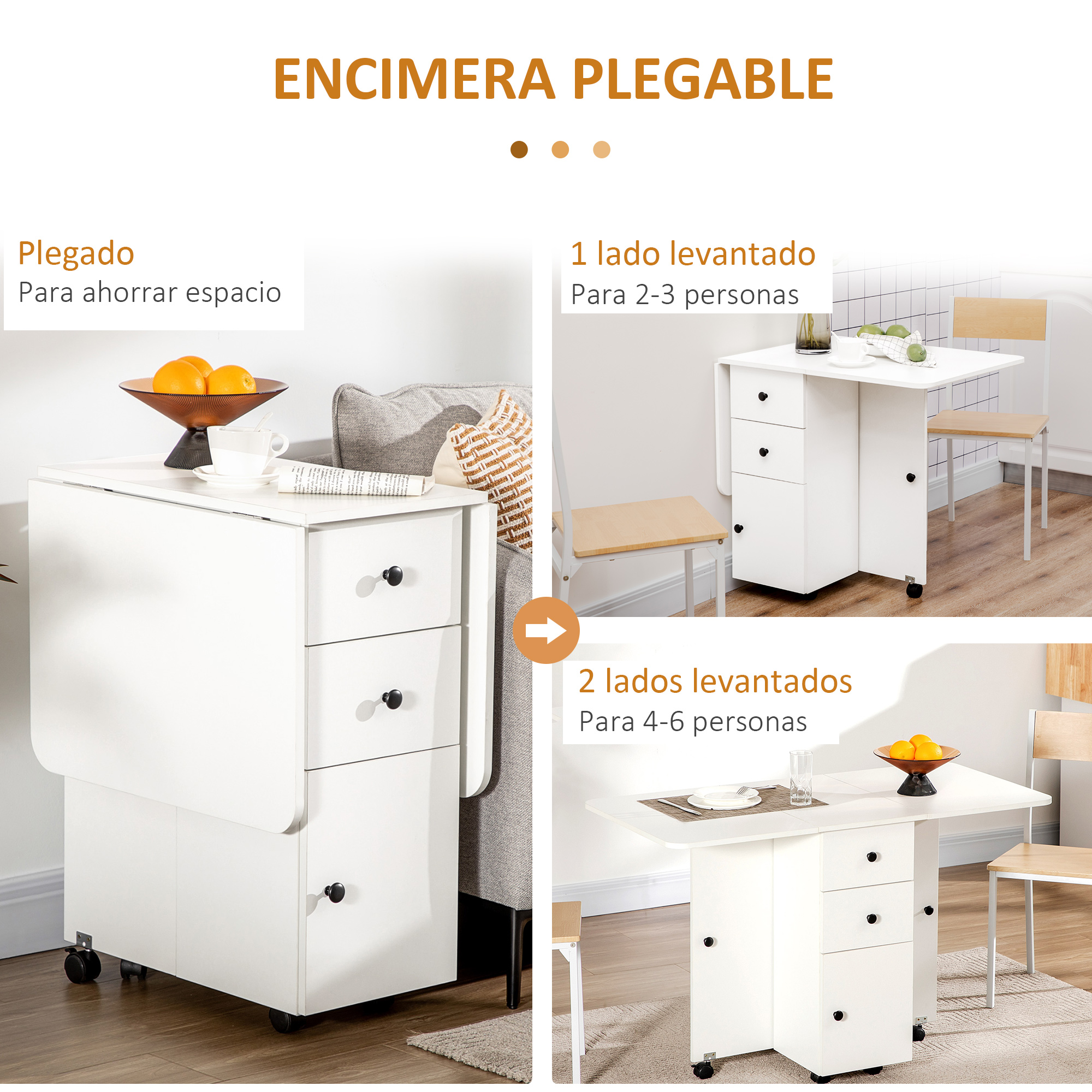 Una mesa plegable blanca con cajones, mostrada en varias configuraciones.