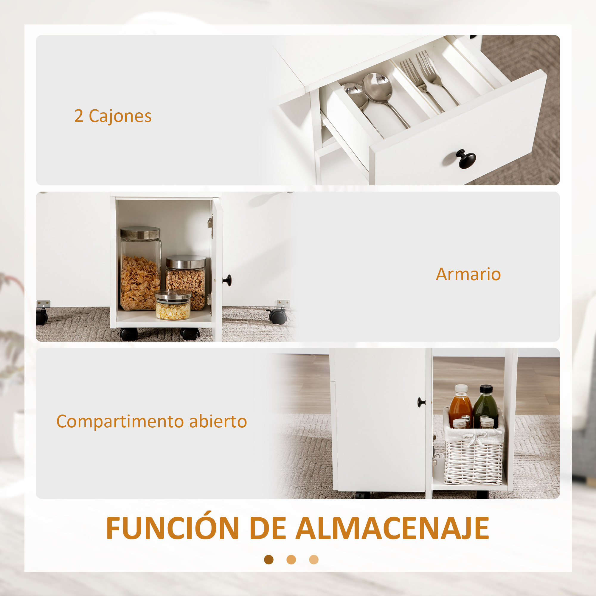 Un carrito de cocina blanco con cajones, armario y estante.