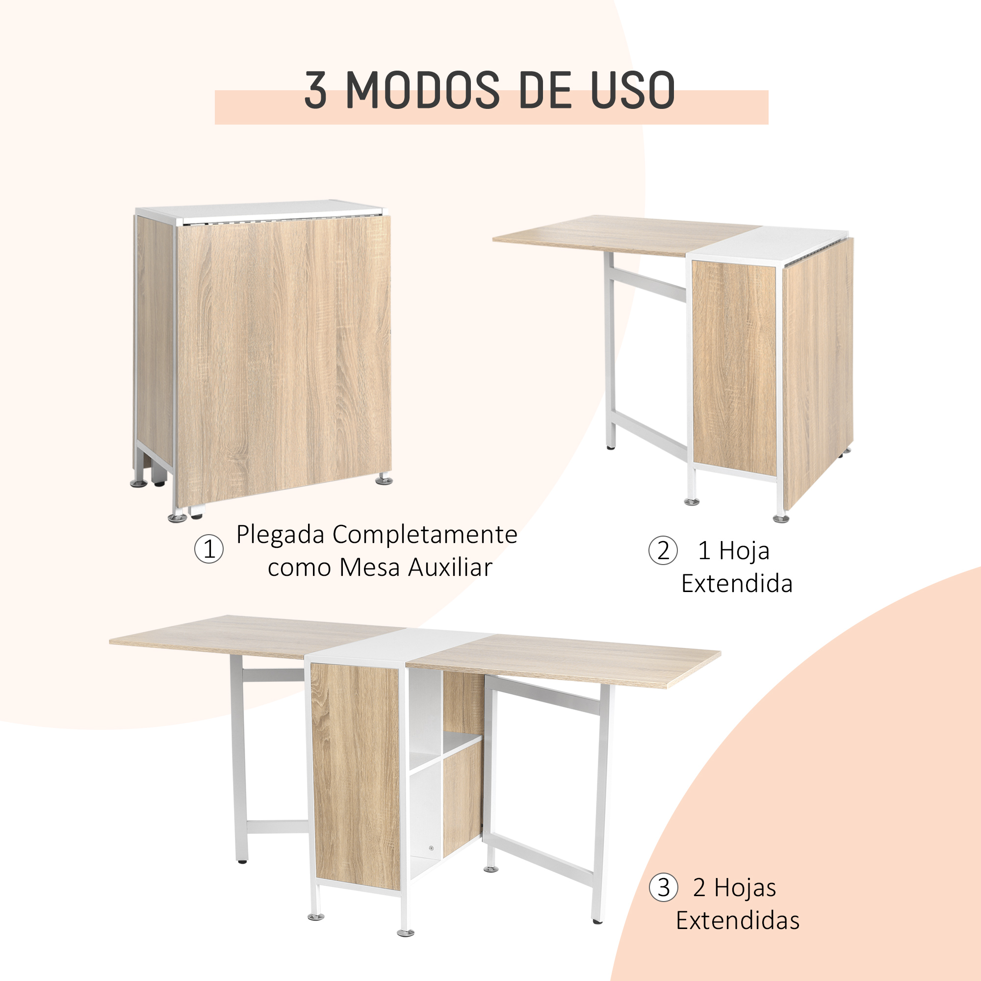 Mesa extensible efecto madera en tres modos: plegada, una hoja extendida, dos hojas extendidas.