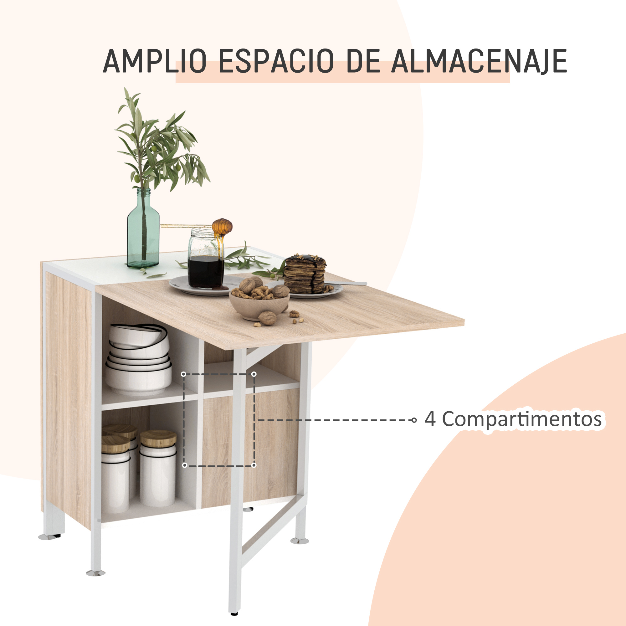 Mesa abatible con cuatro compartimentos, decorada con platos, nueces y miel.
