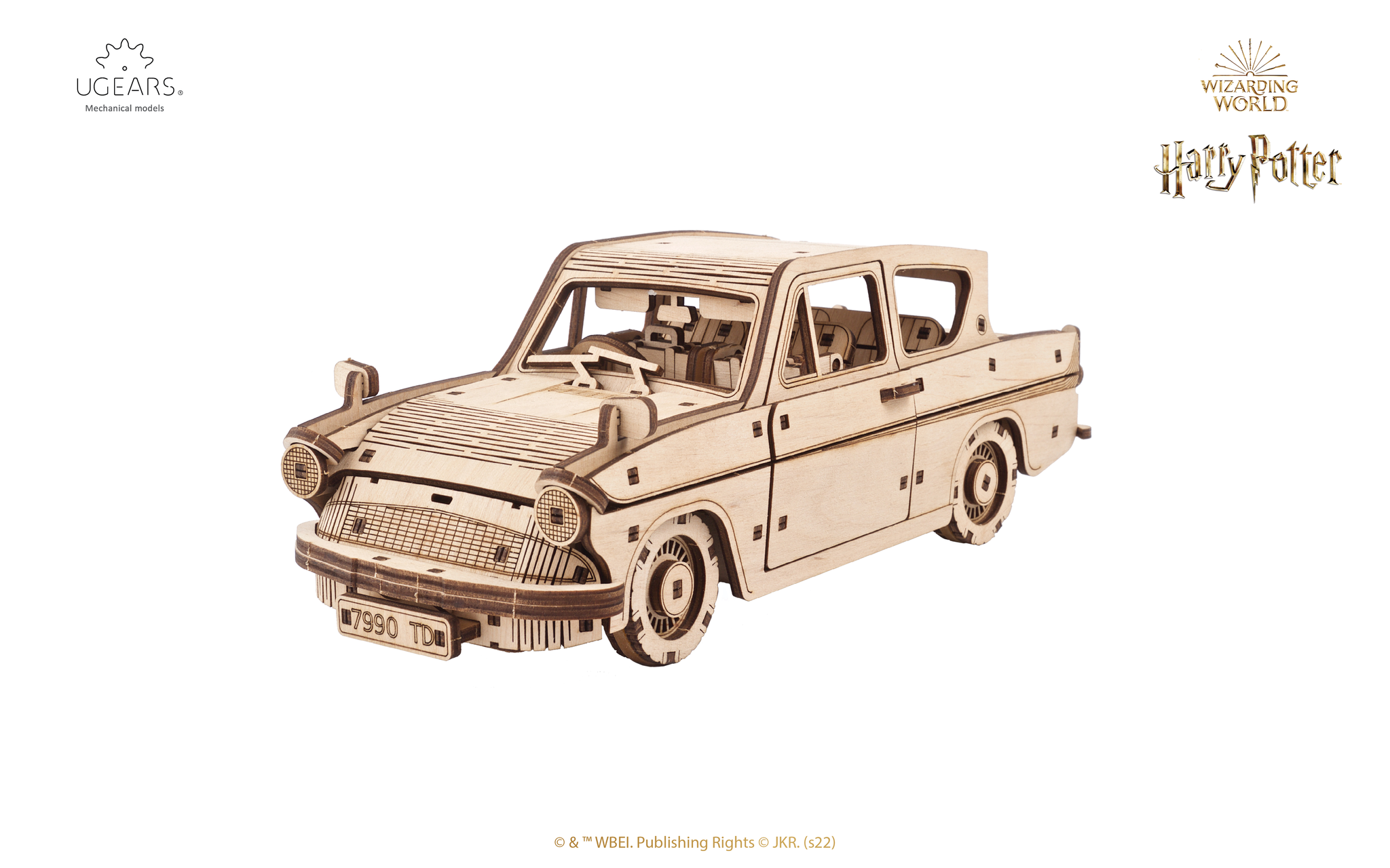 Holzmodell des Ford Anglia aus Harry Potter mit Lizenzaufdruck.