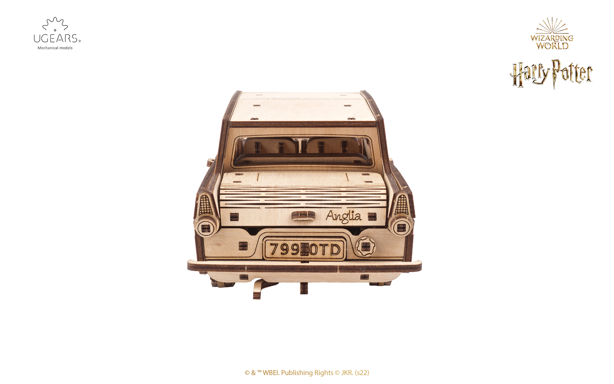 Holzmodell des Ford Anglia mit Kennzeichen 799 OTD.