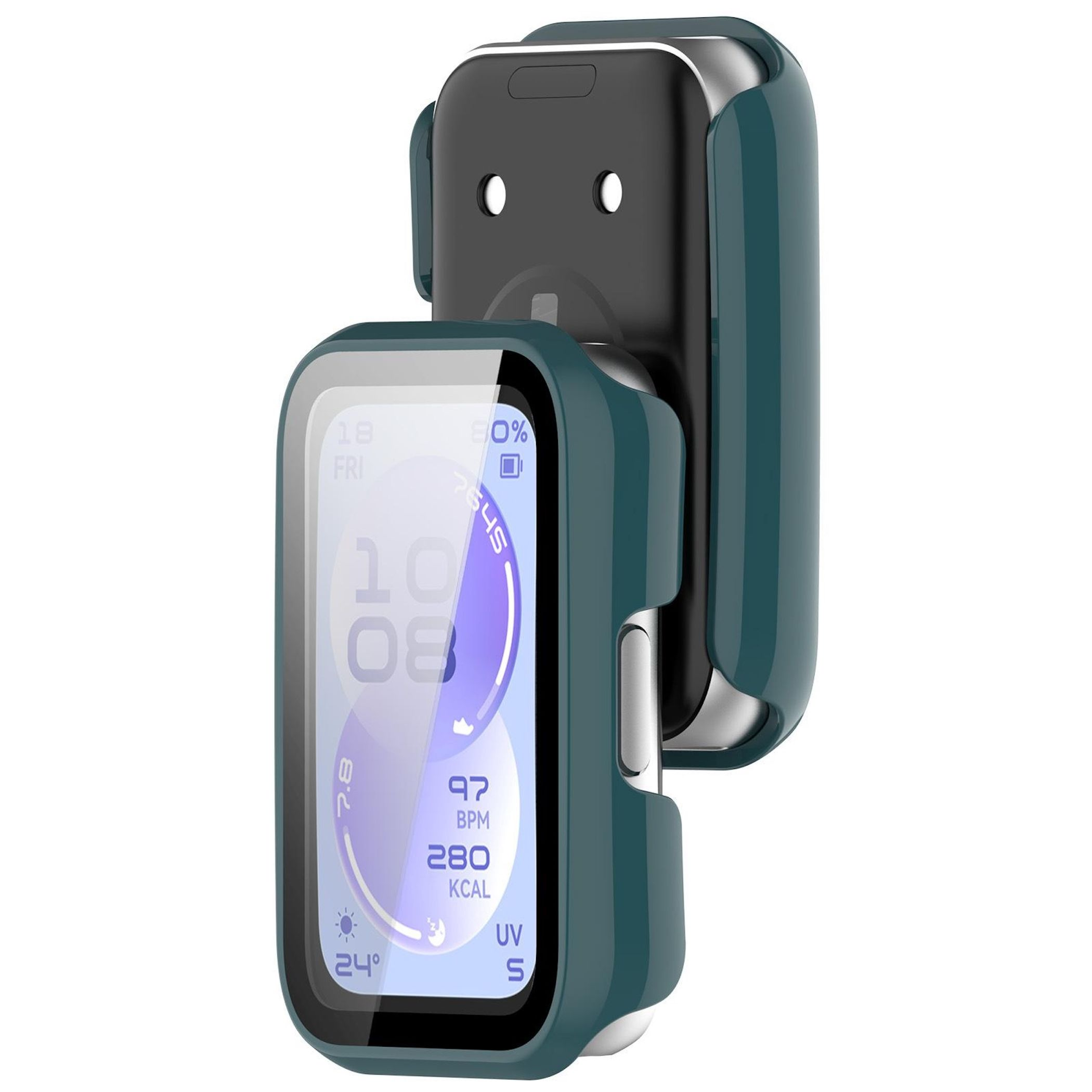 Eine grüne Hülle schützt eine Smartwatch mit Anzeige von Datum, Uhrzeit, Herzfrequenz, Kalorien und Temperatur.
