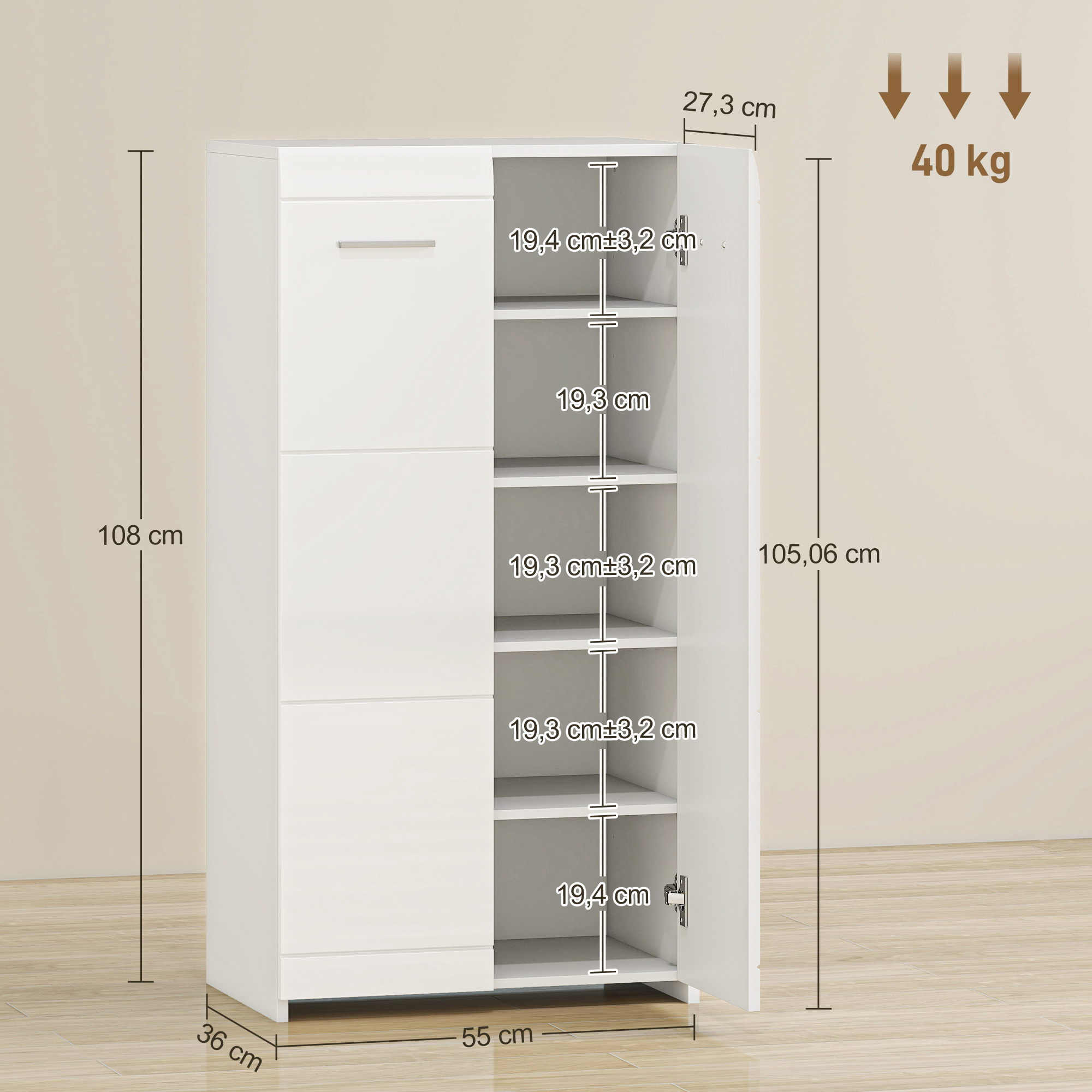 Un armario blanco con puertas abiertas, se indican las dimensiones.