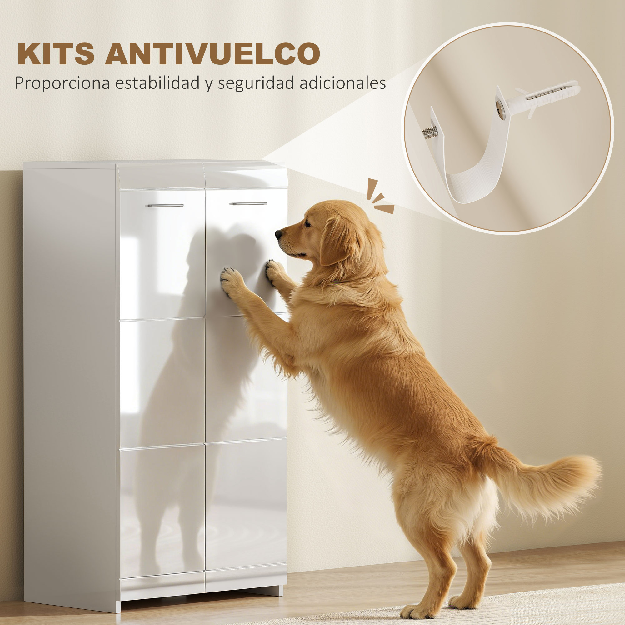 Un Golden Retriever trepa a un armario blanco. Un primer plano muestra una correa antivuelco.