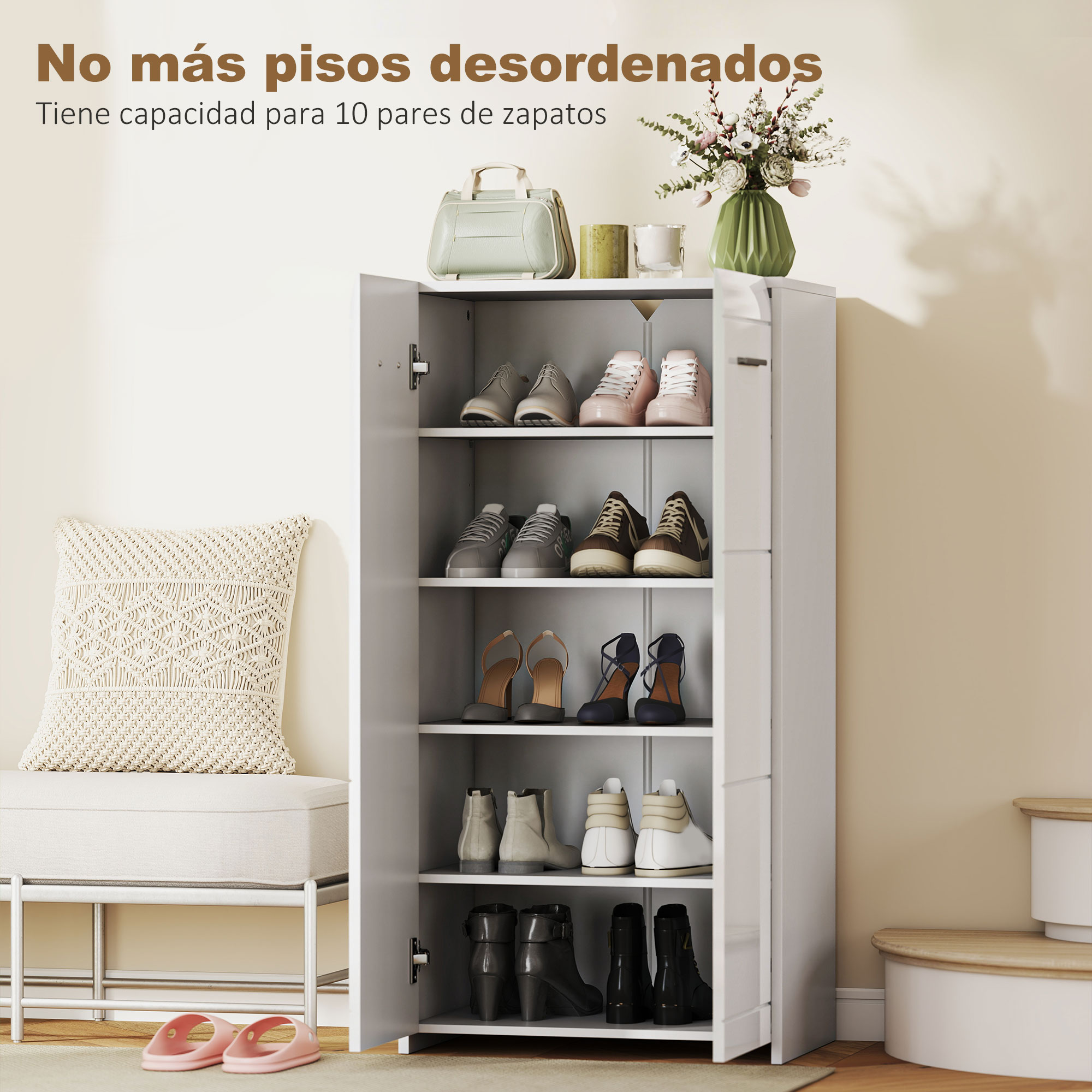 Un zapatero blanco con puertas abiertas, lleno de varios zapatos.