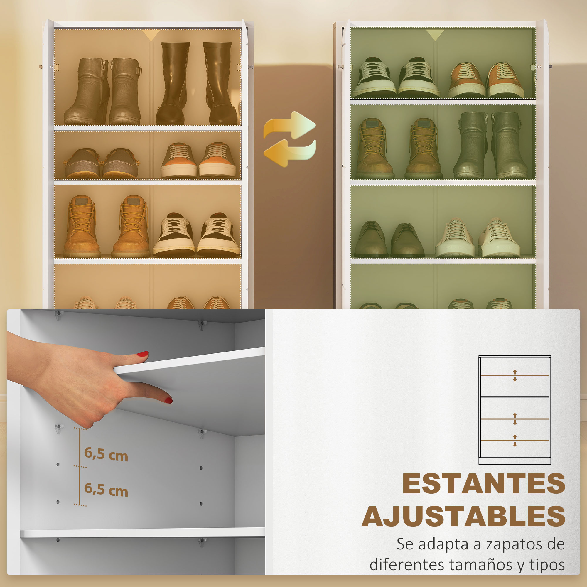 Zapatero con varios zapatos y estantes ajustables. Mano muestra medida de altura del estante.