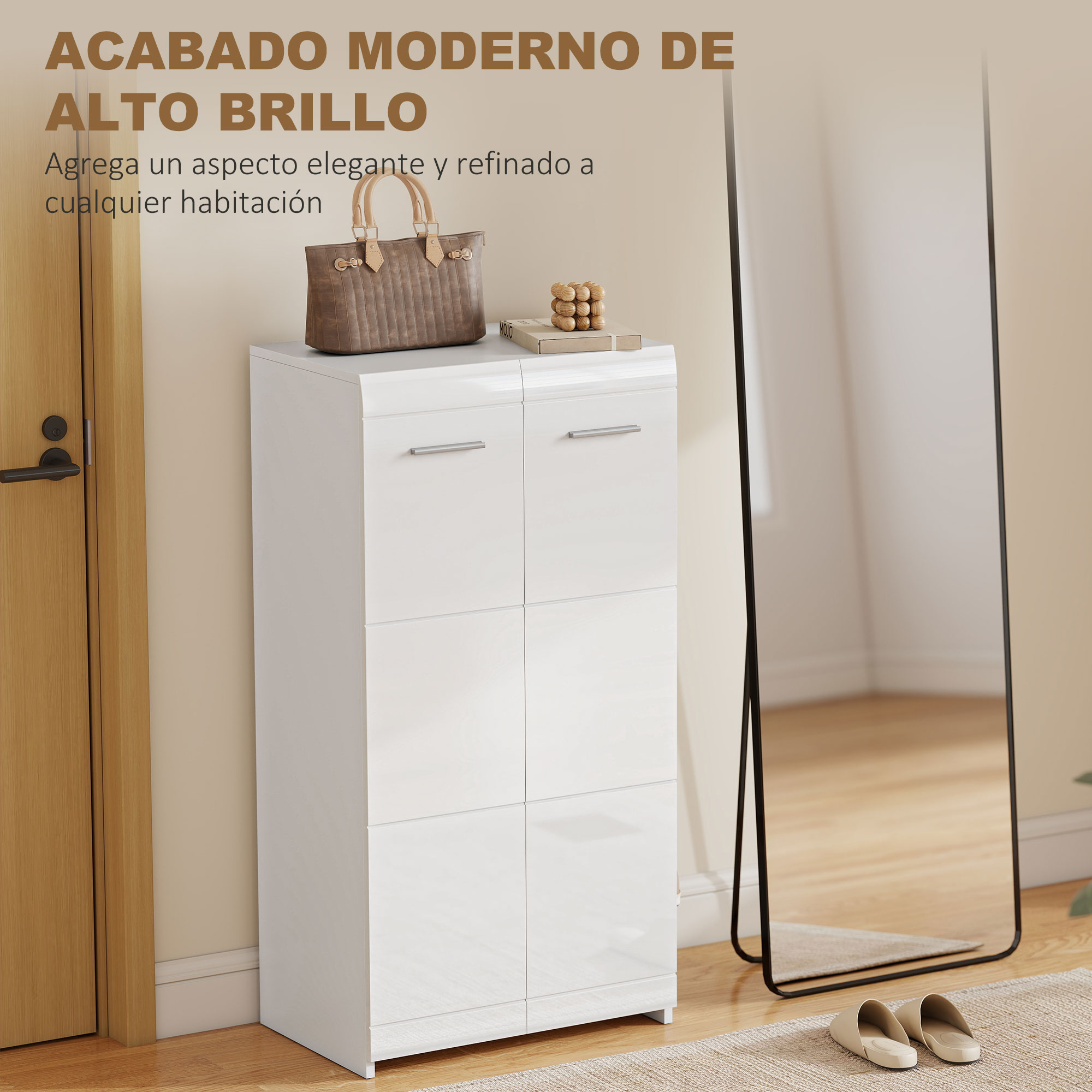 Un mueble blanco moderno con bolso y decoración, junto a un espejo.