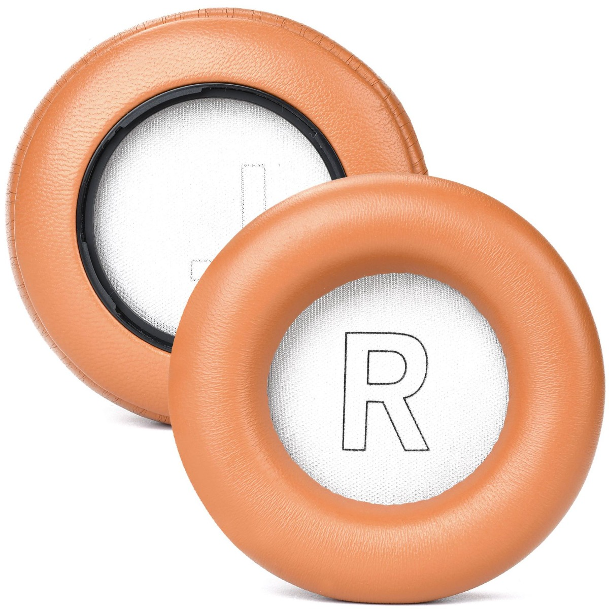 Due cuscinetti auricolari marroni con marcature "R" e "L" su sfondo bianco.