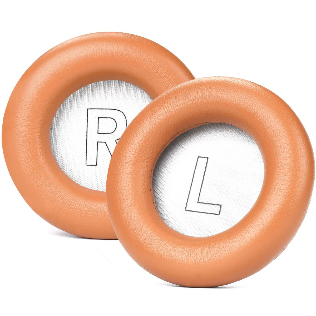 Cuscinetti auricolari arancioni con lettere L e R su sfondo bianco.