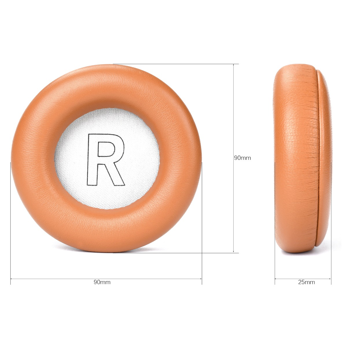Un cuscinetto auricolare arancione con segno R e dimensioni.