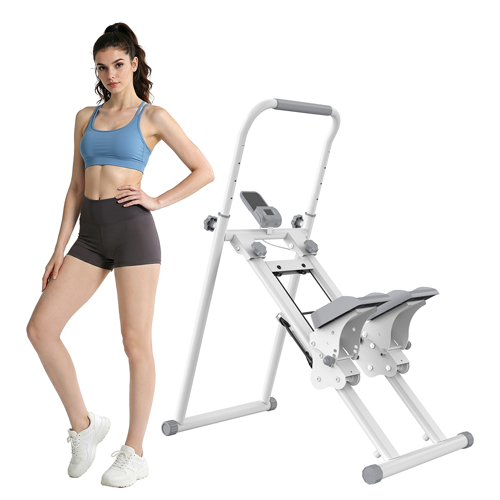 Una mujer con ropa deportiva está junto a una máquina de ejercicio blanca con detalles grises.
