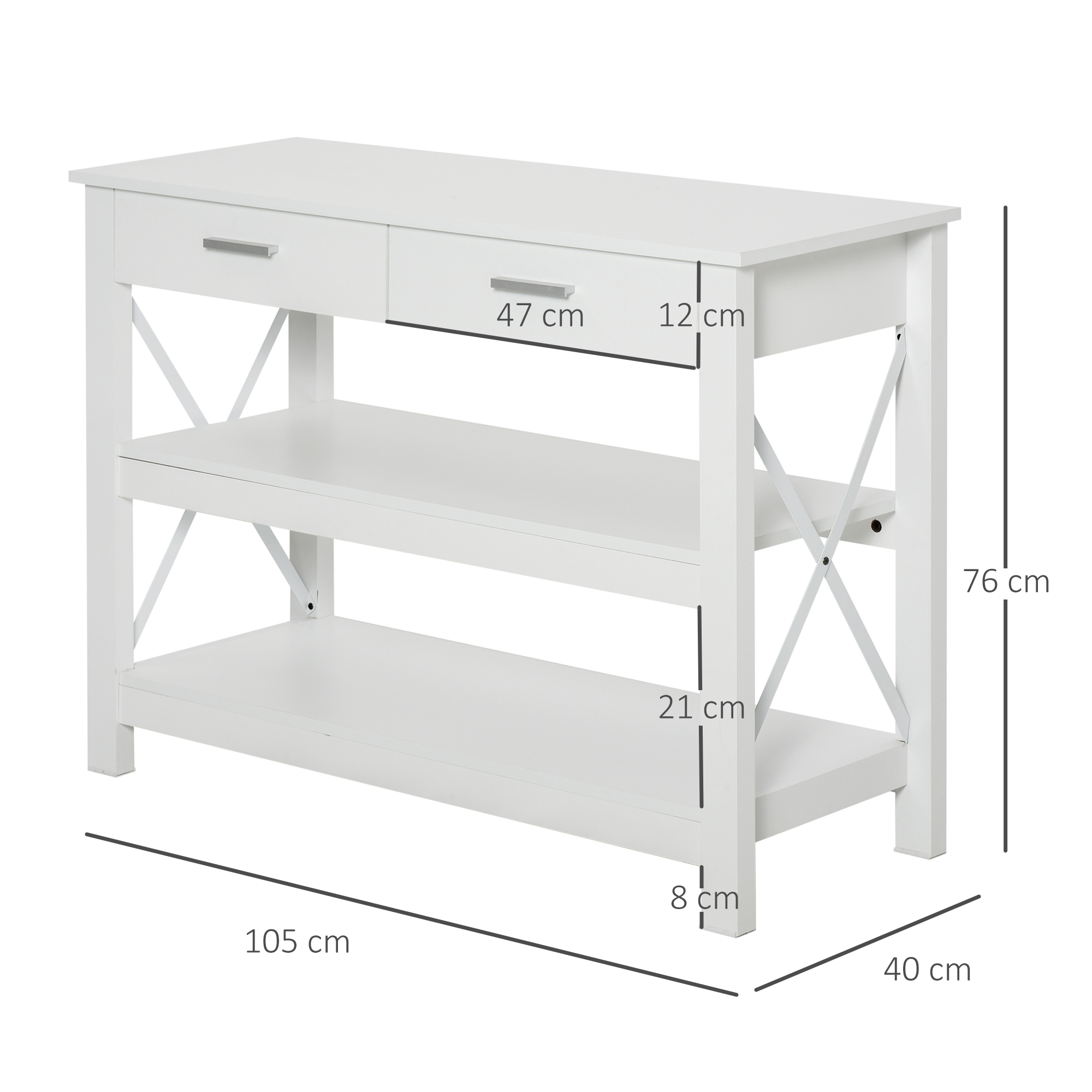 Una mesa consola blanca con dos cajones y dos estantes abiertos, con soportes laterales en forma de X y dimensiones indicadas.