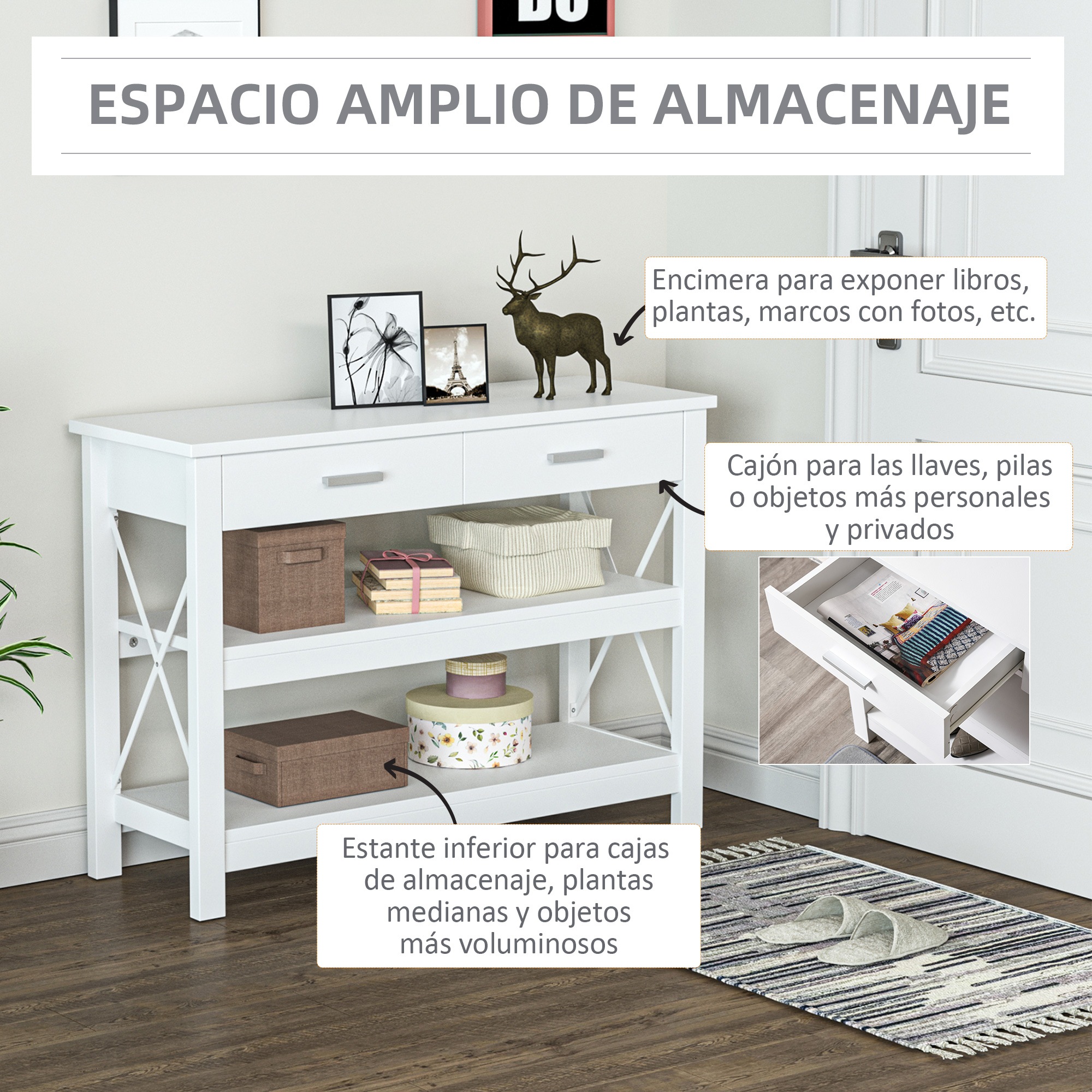 Consola blanca con decoración, libros y cajas de almacenamiento en suelo de madera.