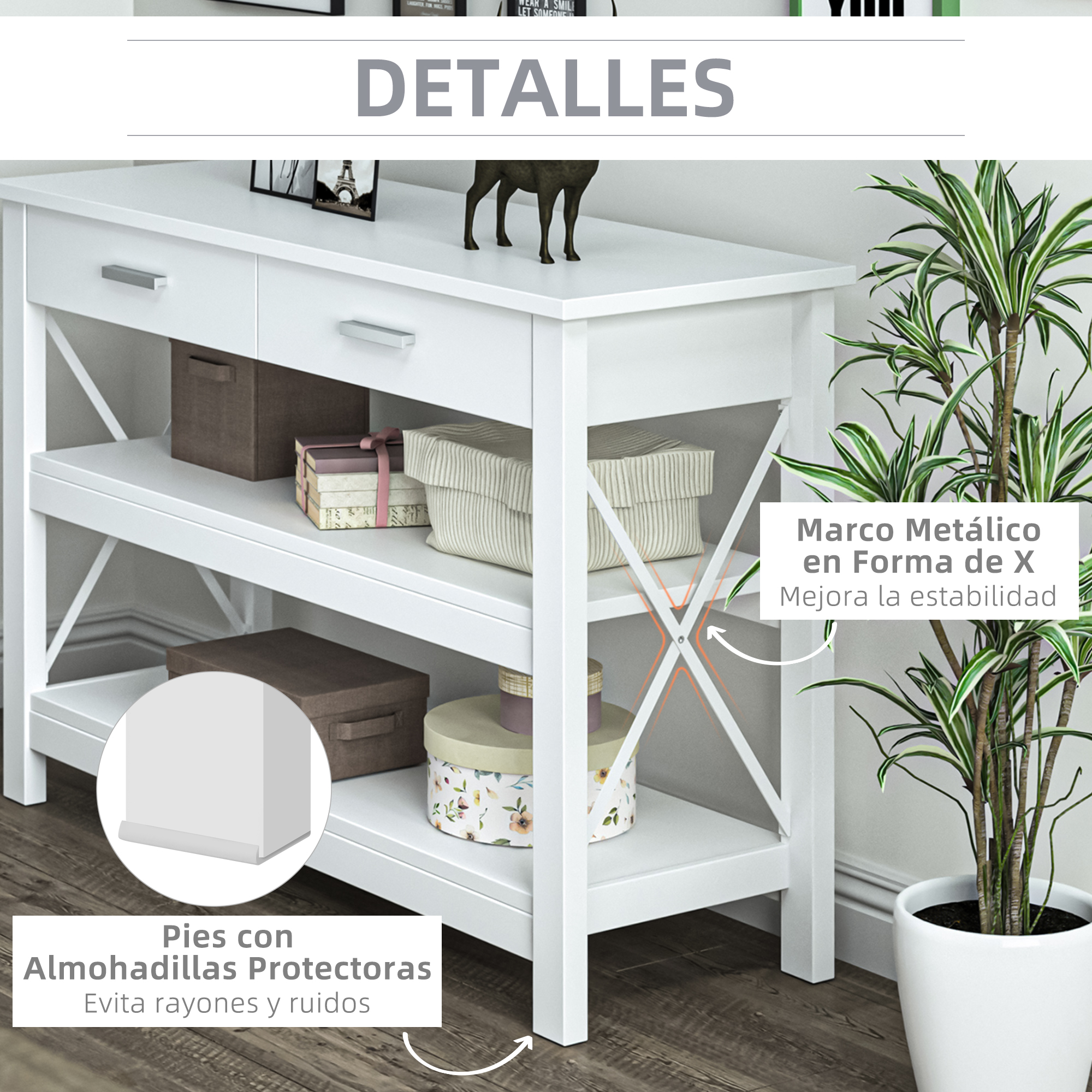 Un estante blanco con cajones, que contiene cajas y plantas.