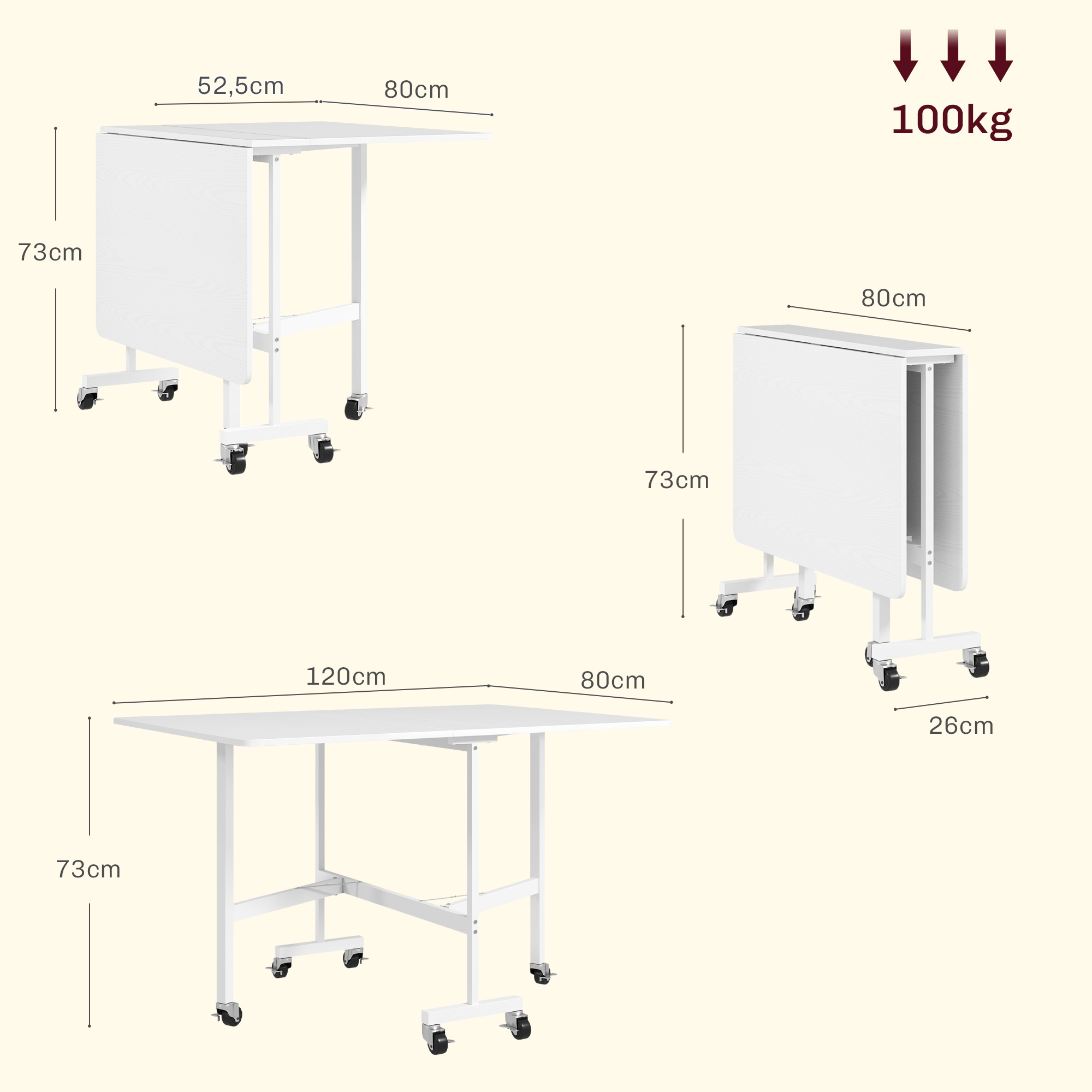 Mesa plegable blanca con ruedas, dimensiones mostradas. Capacidad 100kg.