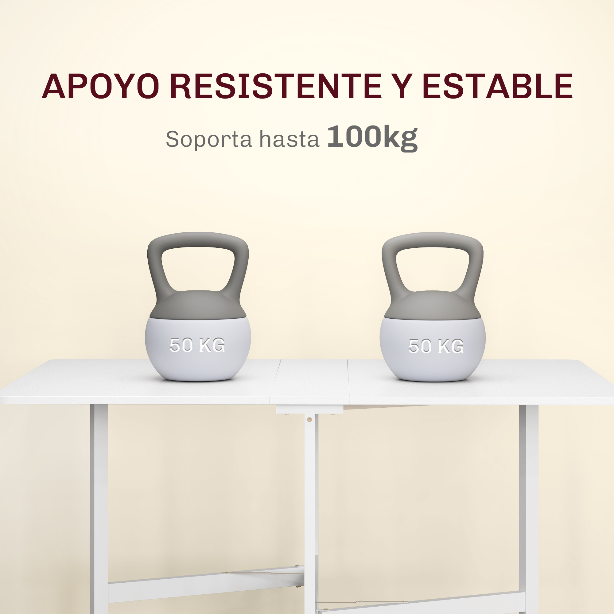 Dos pesas rusas de 50kg en mesa blanca. Soporte fuerte y estable.