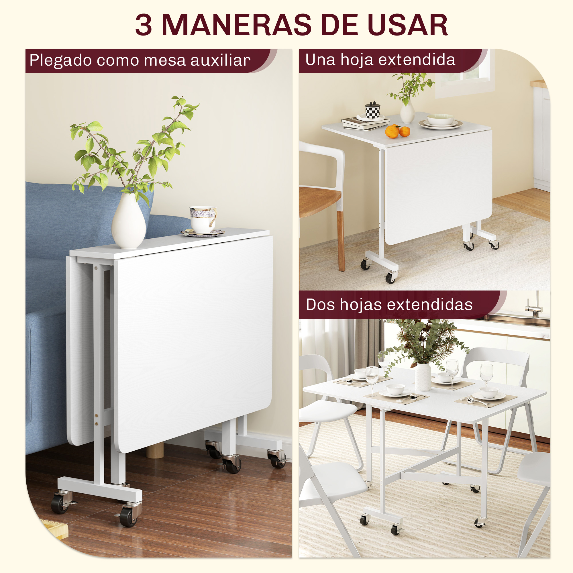 Una mesa plegable blanca se muestra en tres modos: como mesa auxiliar, con una hoja extendida y como mesa de comedor.