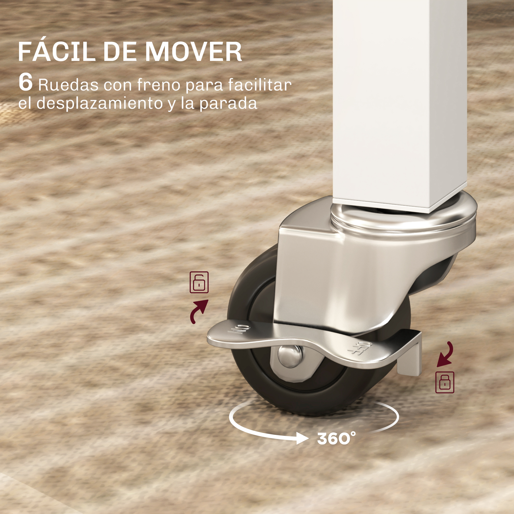 Una rueda con freno sobre alfombra, con gr áfico de rotación de 360 grados.