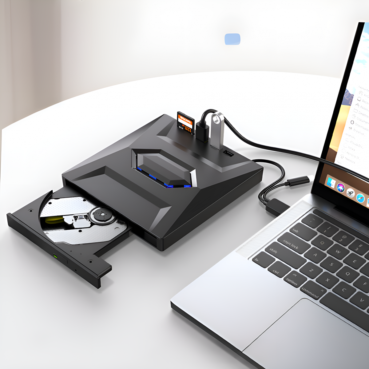 Ein schwarzer USB-CD/DVD-Brenner mit SD-Karten- und USB-Slots, angeschlossen an einen Laptop.